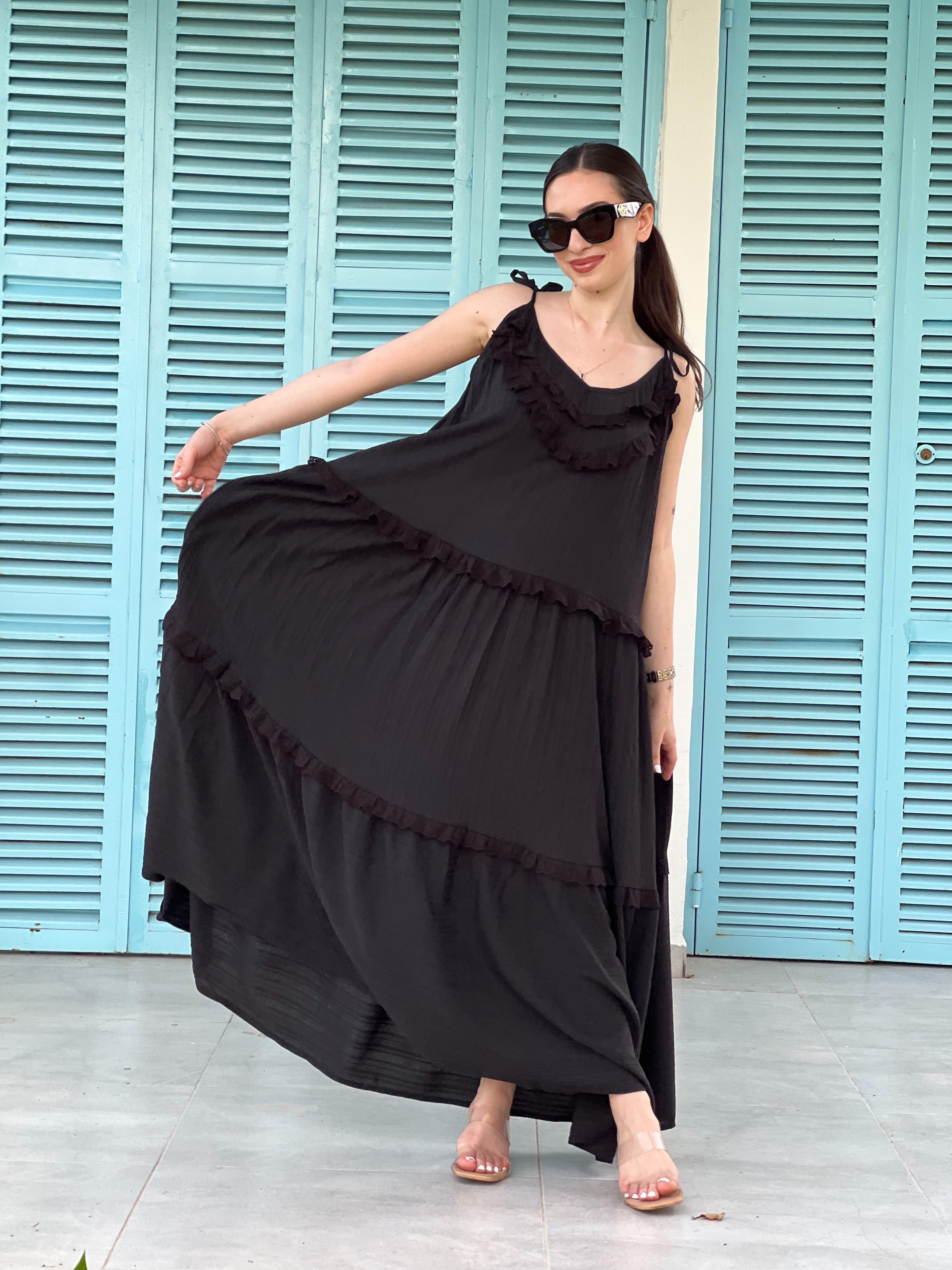 Uzun Fistolu Gofre Elbise 242-6009 Siyah