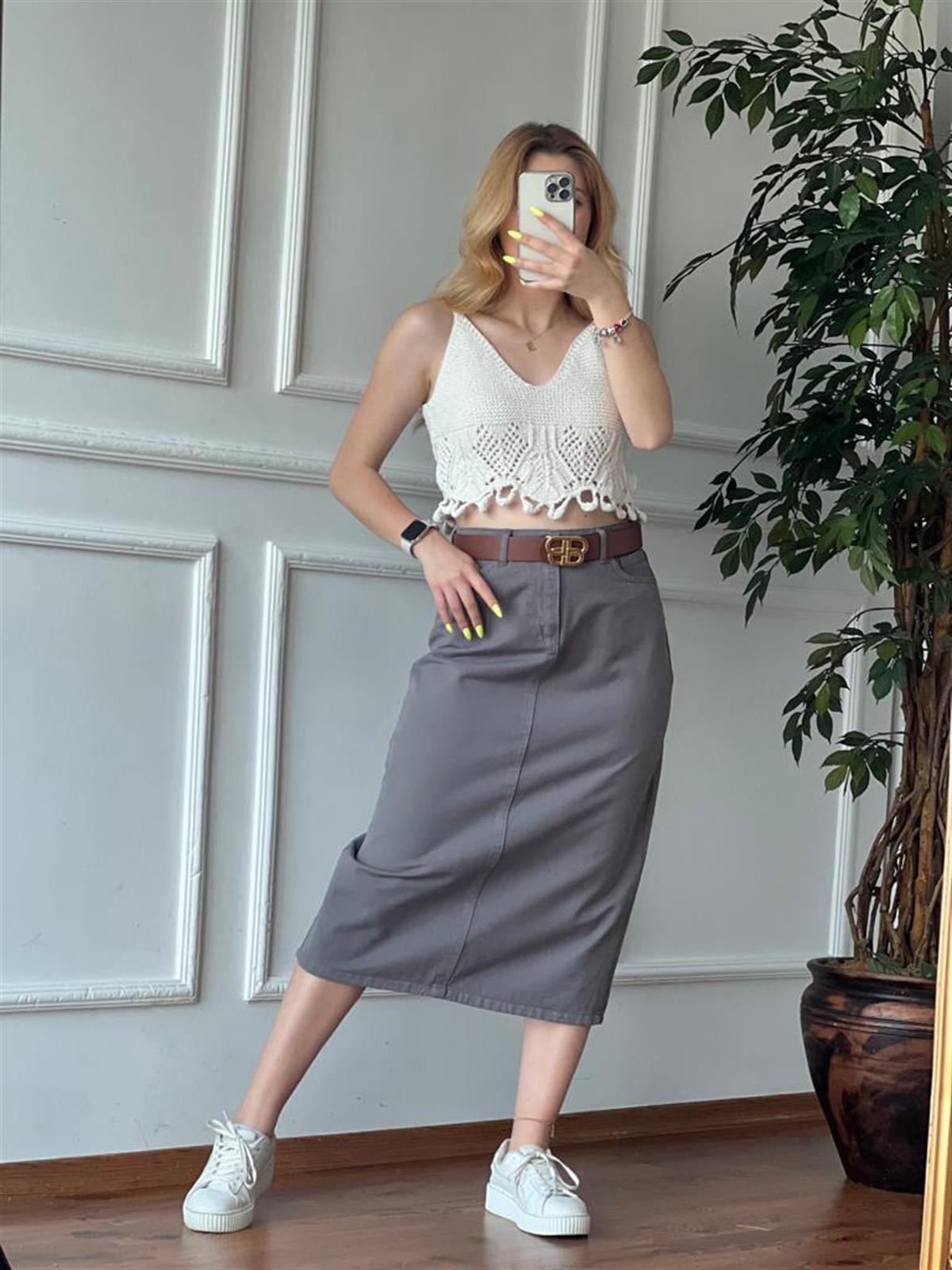 Uzun Gabardin Etek 4819 Füme