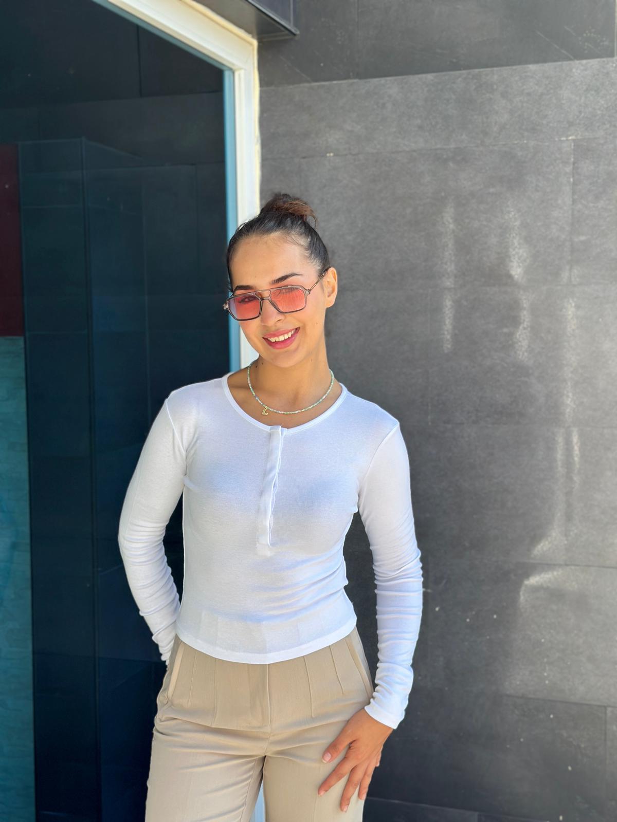 Uzun Kollu Çıtçıt Düğmeli Bluz 31442 Beyaz