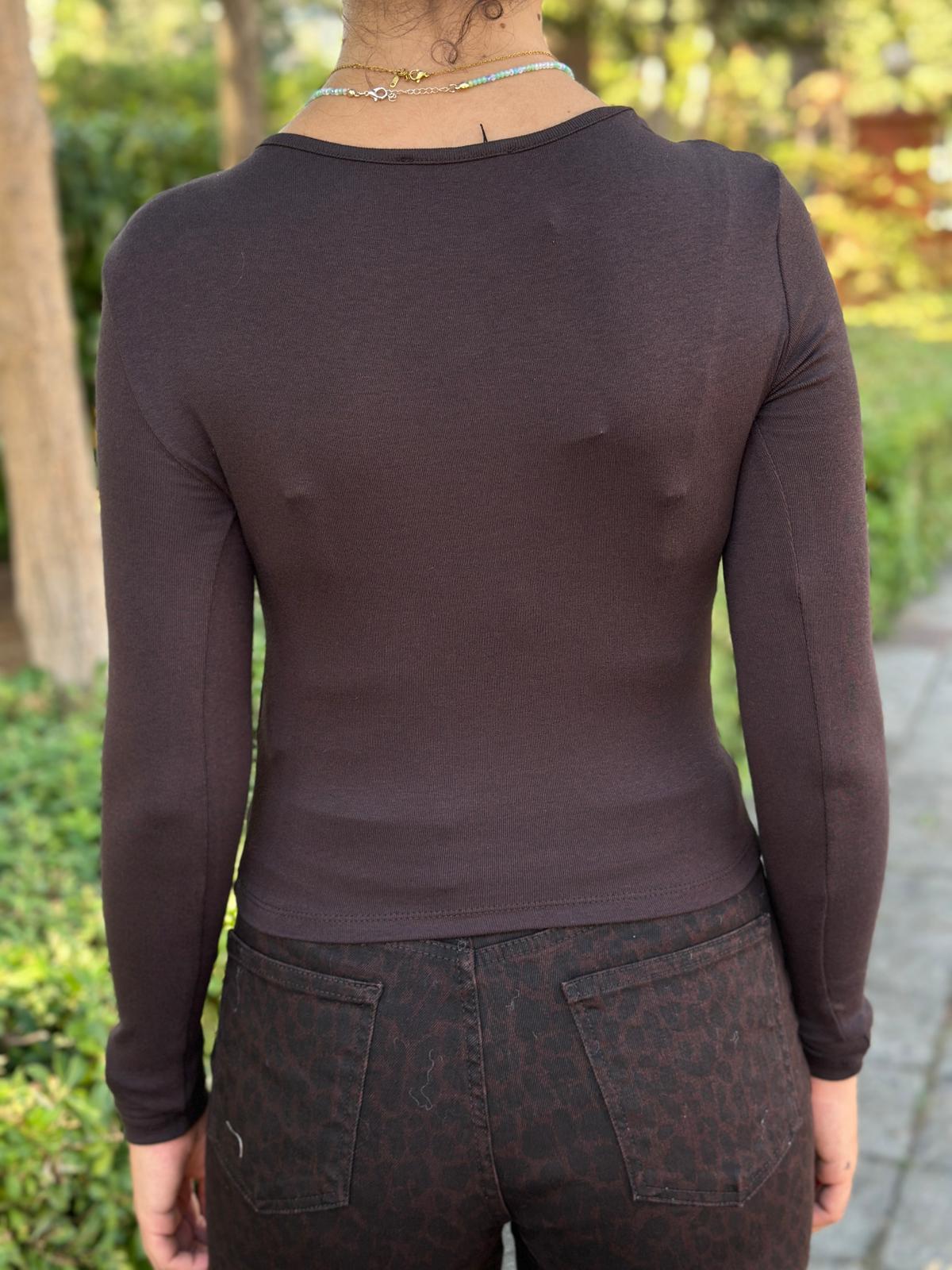 Uzun Kollu Çıtçıt Düğmeli Bluz 31442 Koyu Kahve