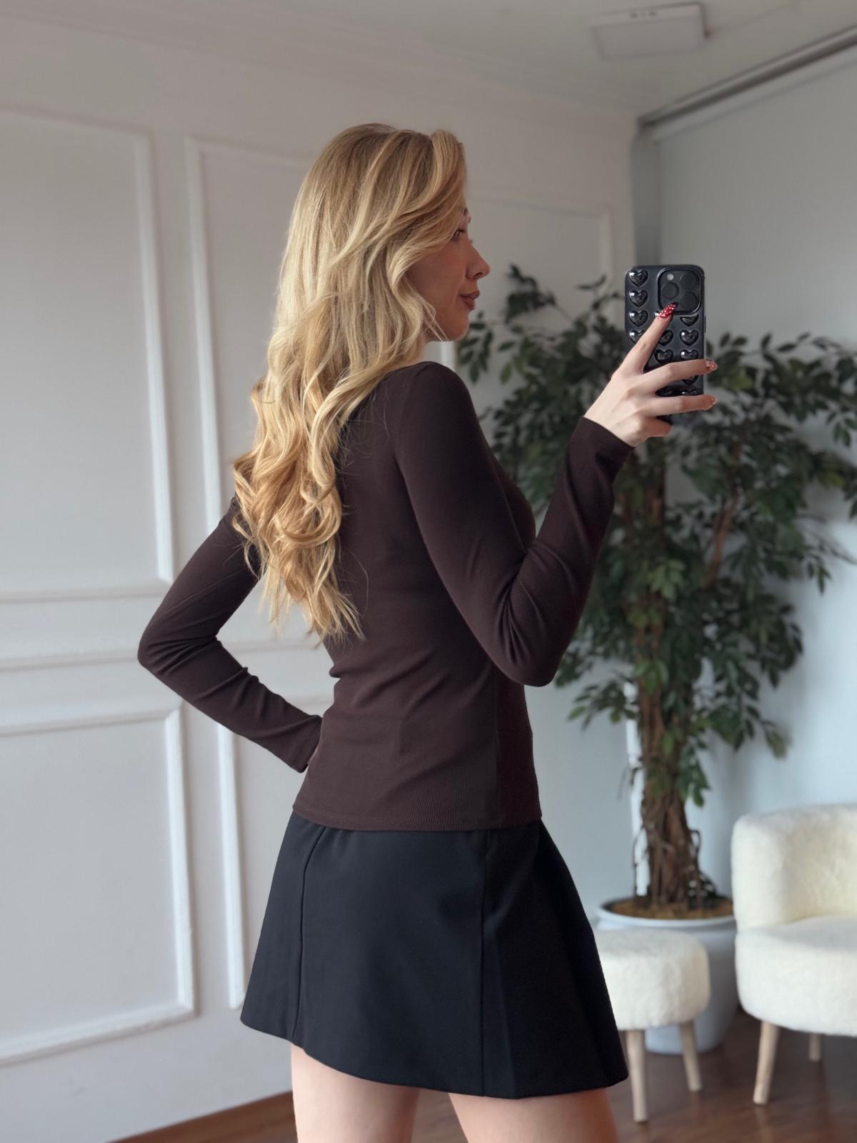 V Demirli Bluz 16334 Koyu Kahve