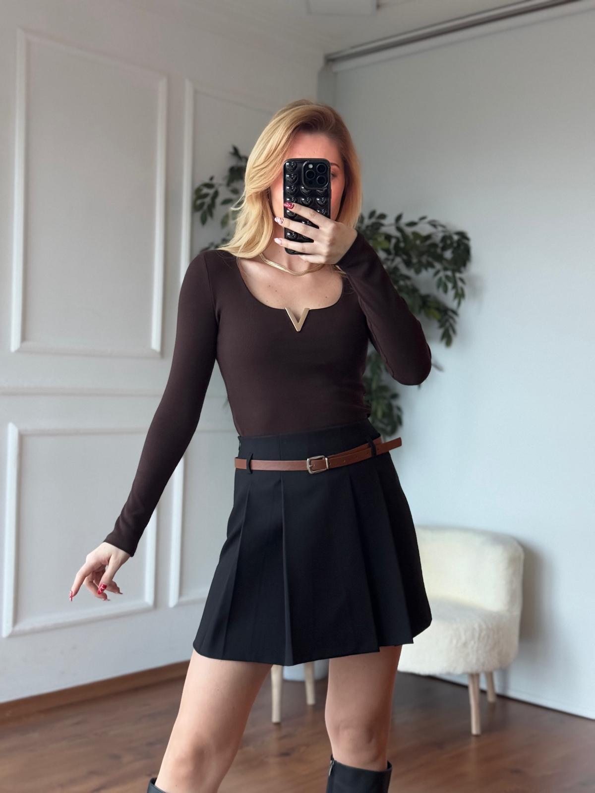 V Demirli Bluz 16334 Koyu Kahve