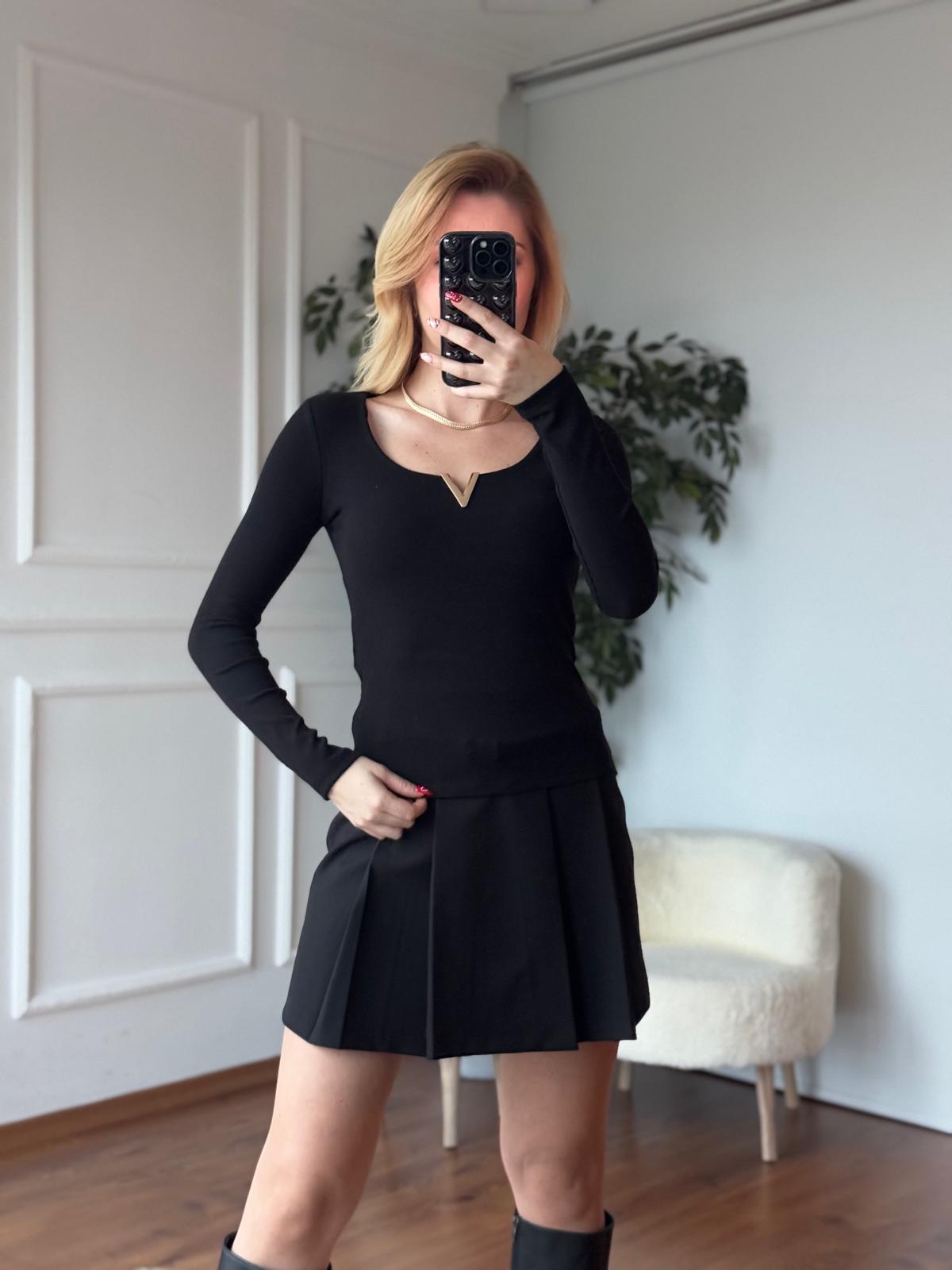 V Demirli Bluz 16334 Siyah