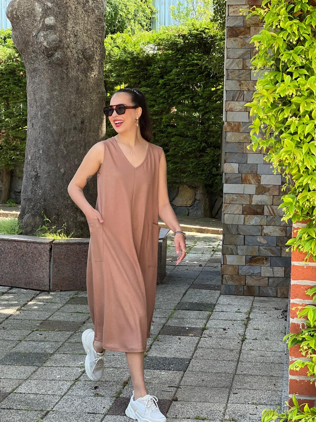 V Yaka Cepli Elbise 27001 Açık Kahve