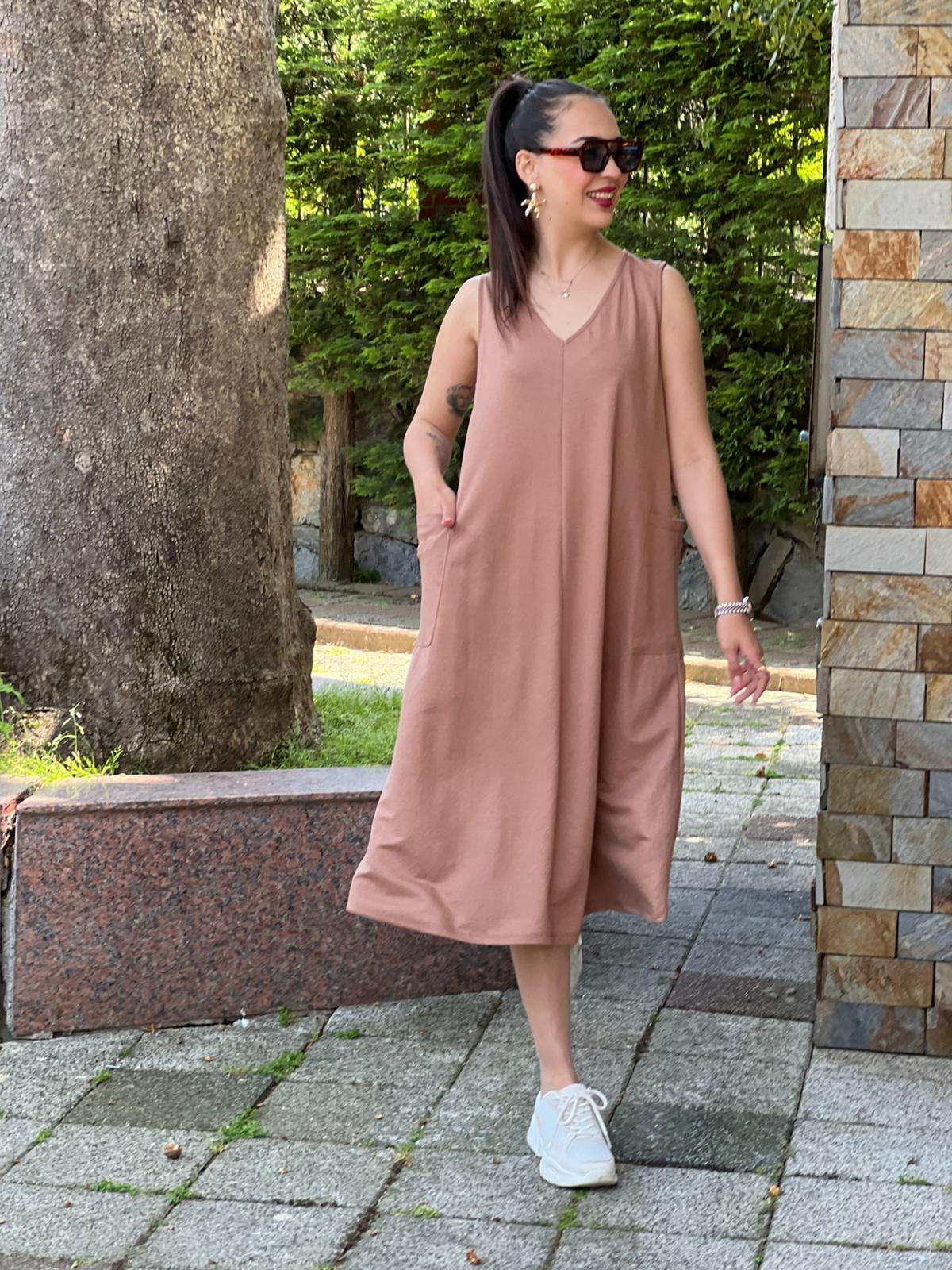 V Yaka Cepli Elbise 27001 Açık Kahve