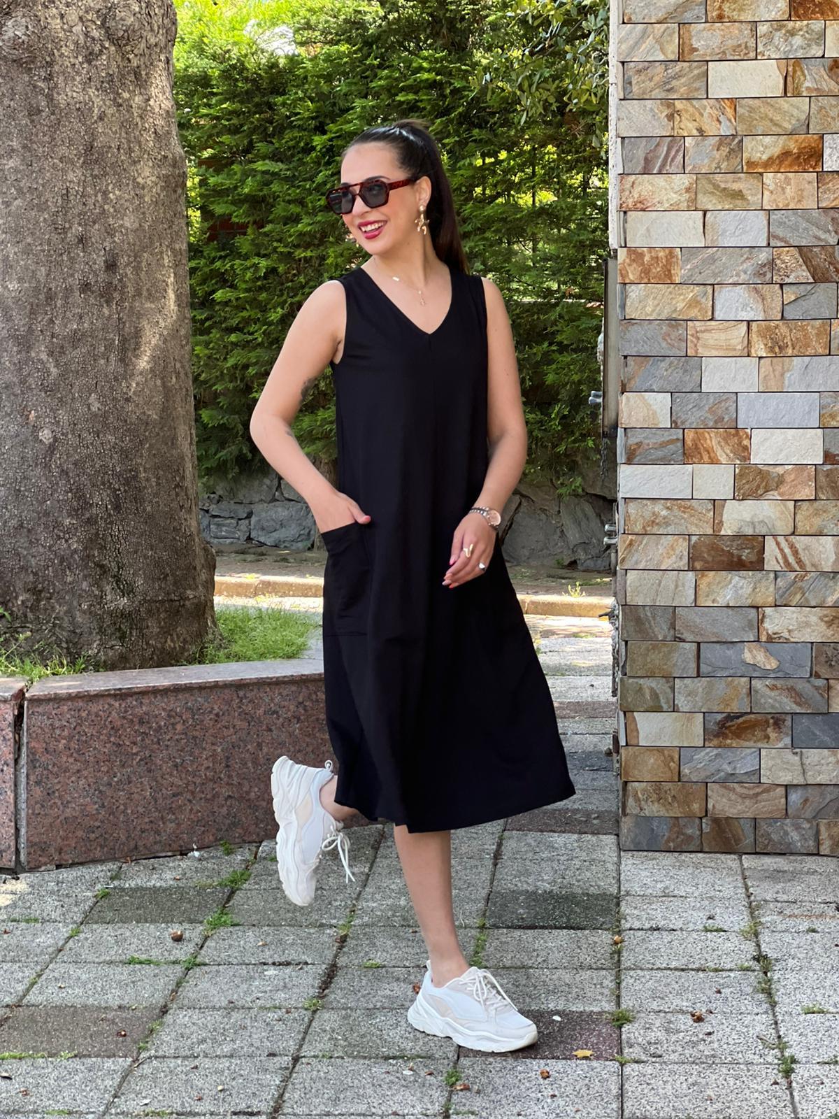 V Yaka Cepli Elbise 27001 Siyah