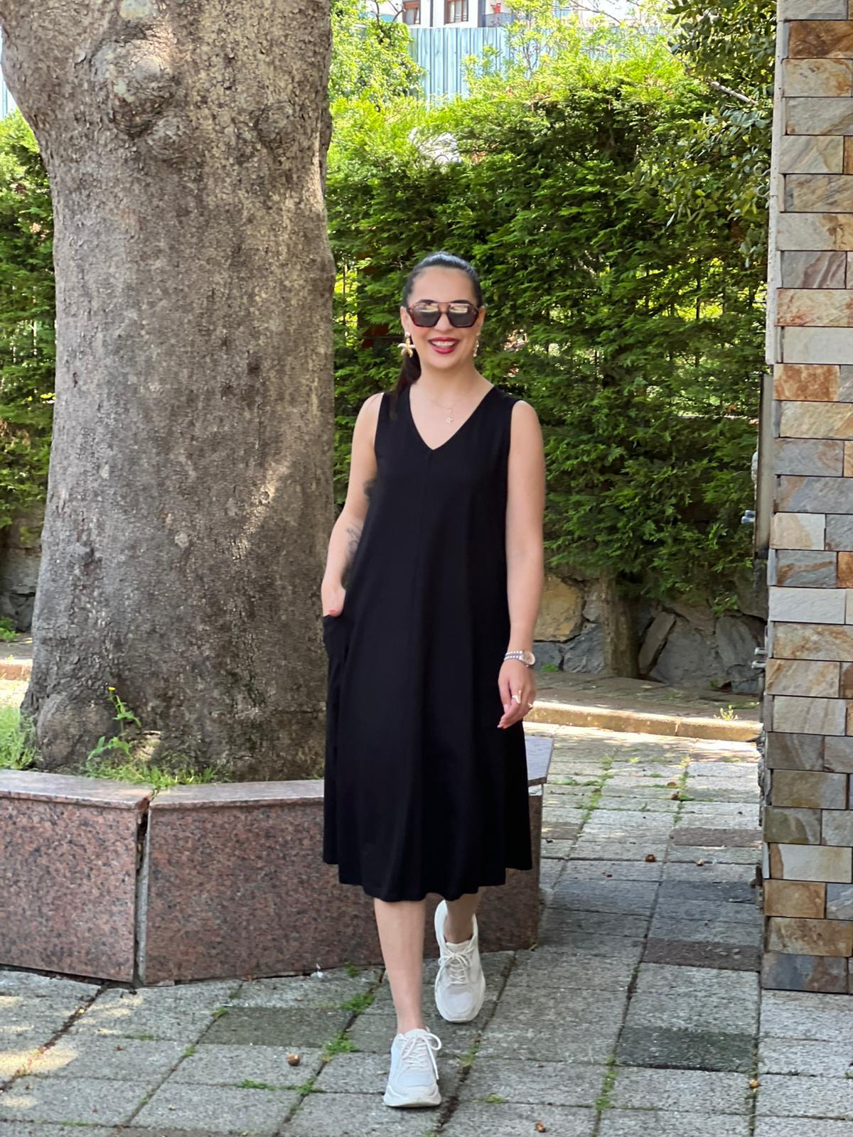 V Yaka Cepli Elbise 27001 Siyah