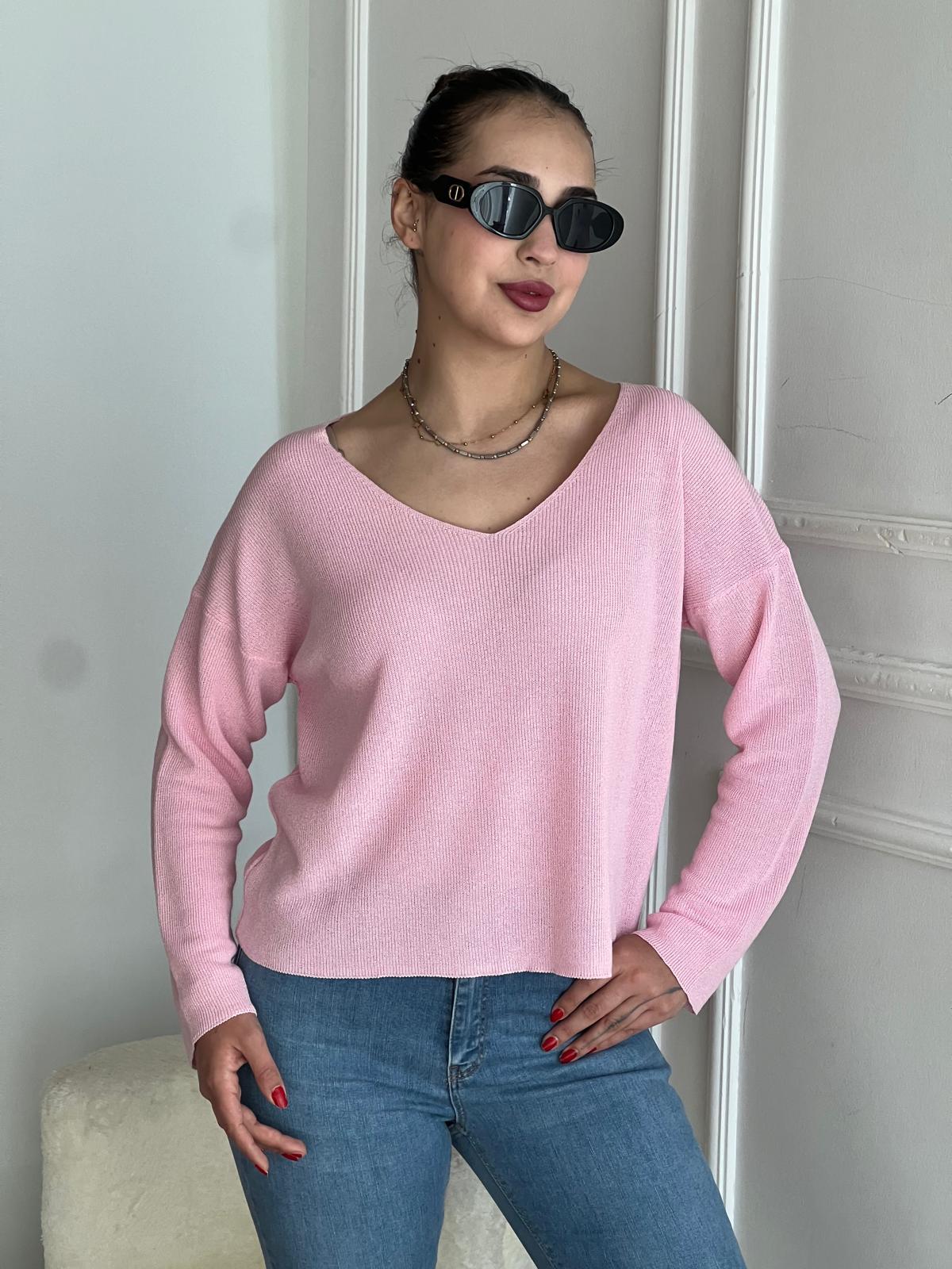 V Yaka Dökümlü Triko 10869 Toz Pembe