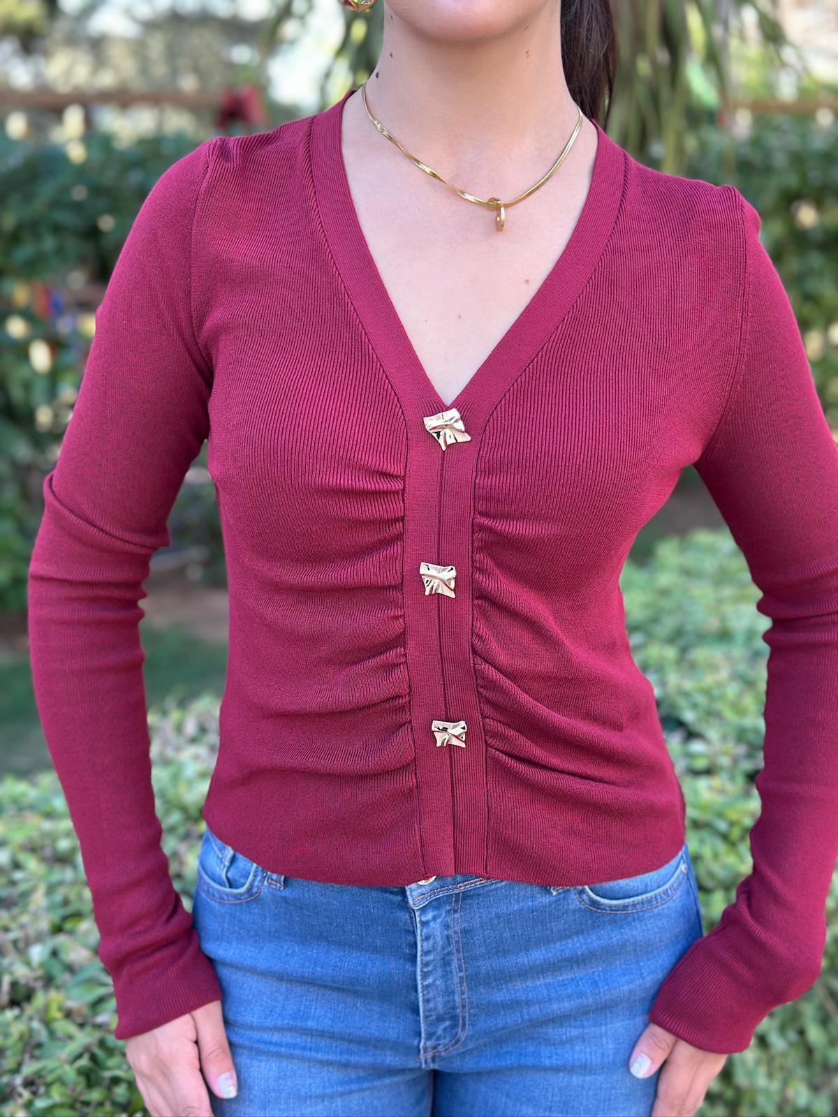 V Yaka Düğmeli Triko Bluz 10805 Bordo