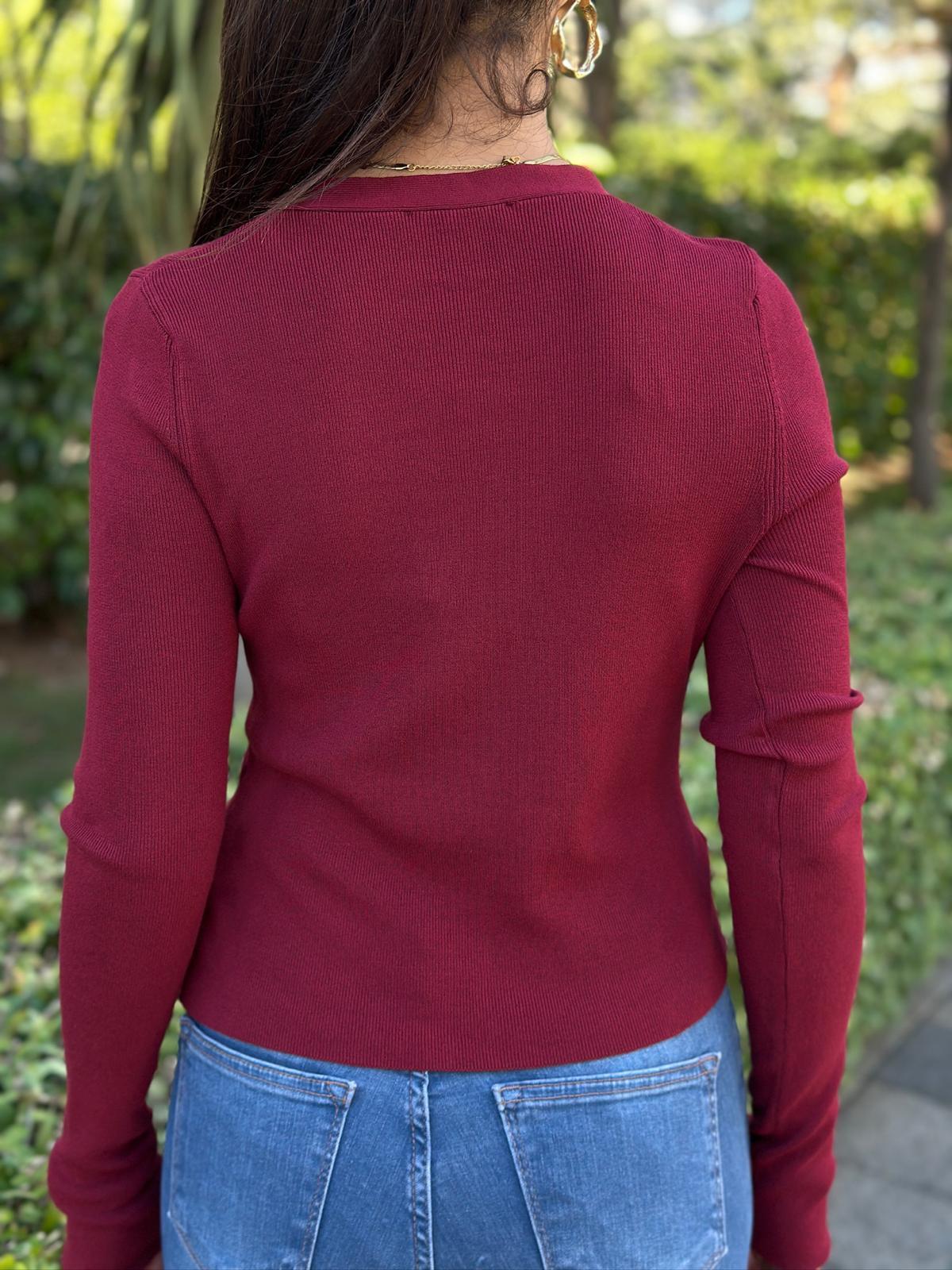 V Yaka Düğmeli Triko Bluz 10805 Bordo