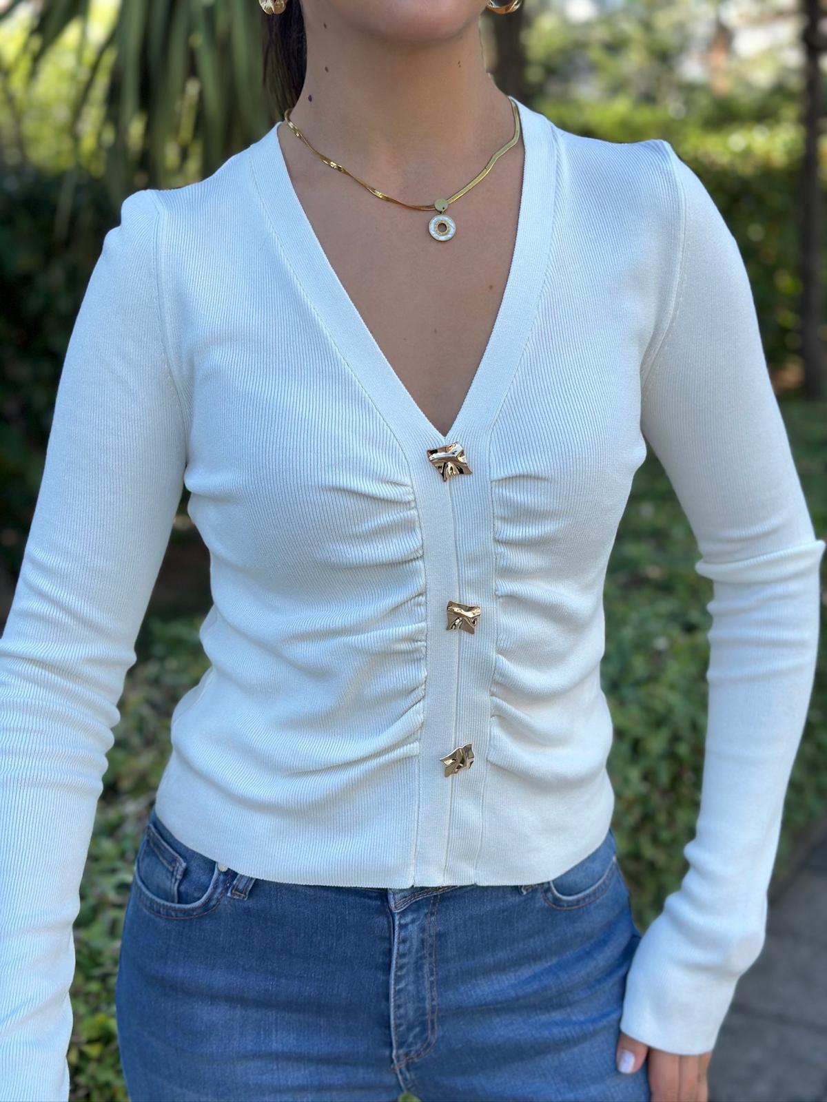 V Yaka Düğmeli Triko Bluz 10805 Ekru