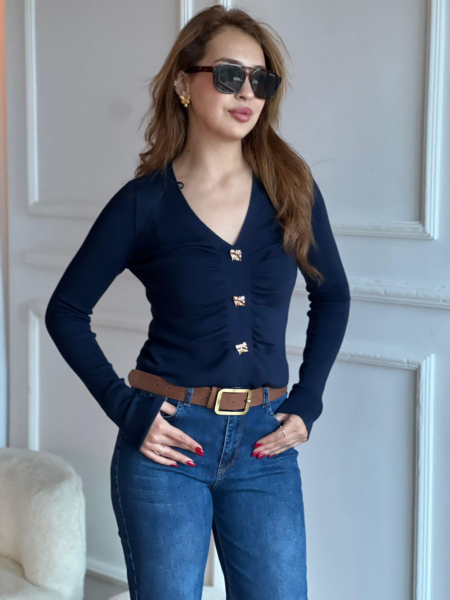 V Yaka Düğmeli Triko Bluz 10805 Lacivert