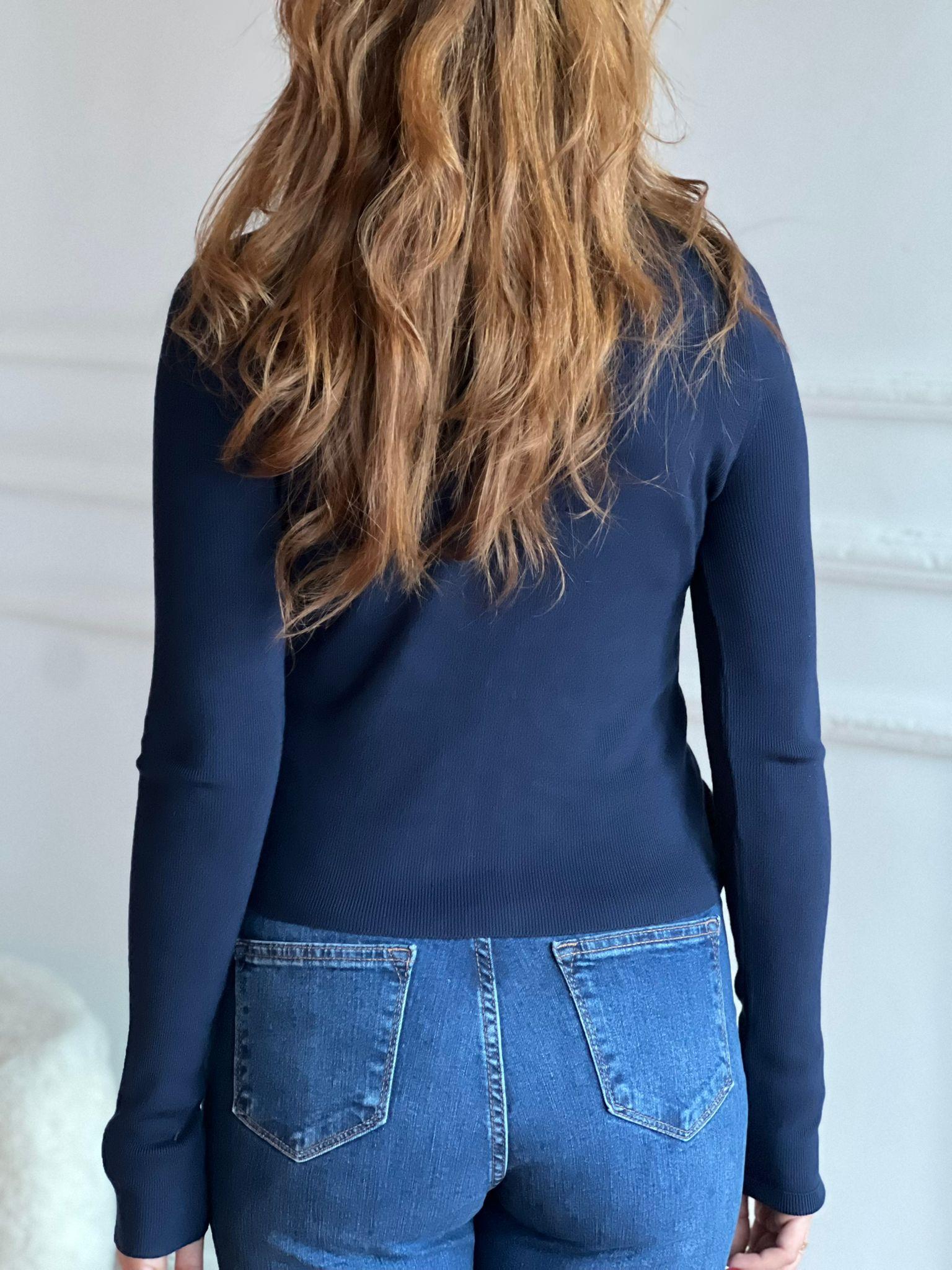 V Yaka Düğmeli Triko Bluz 10805 Lacivert