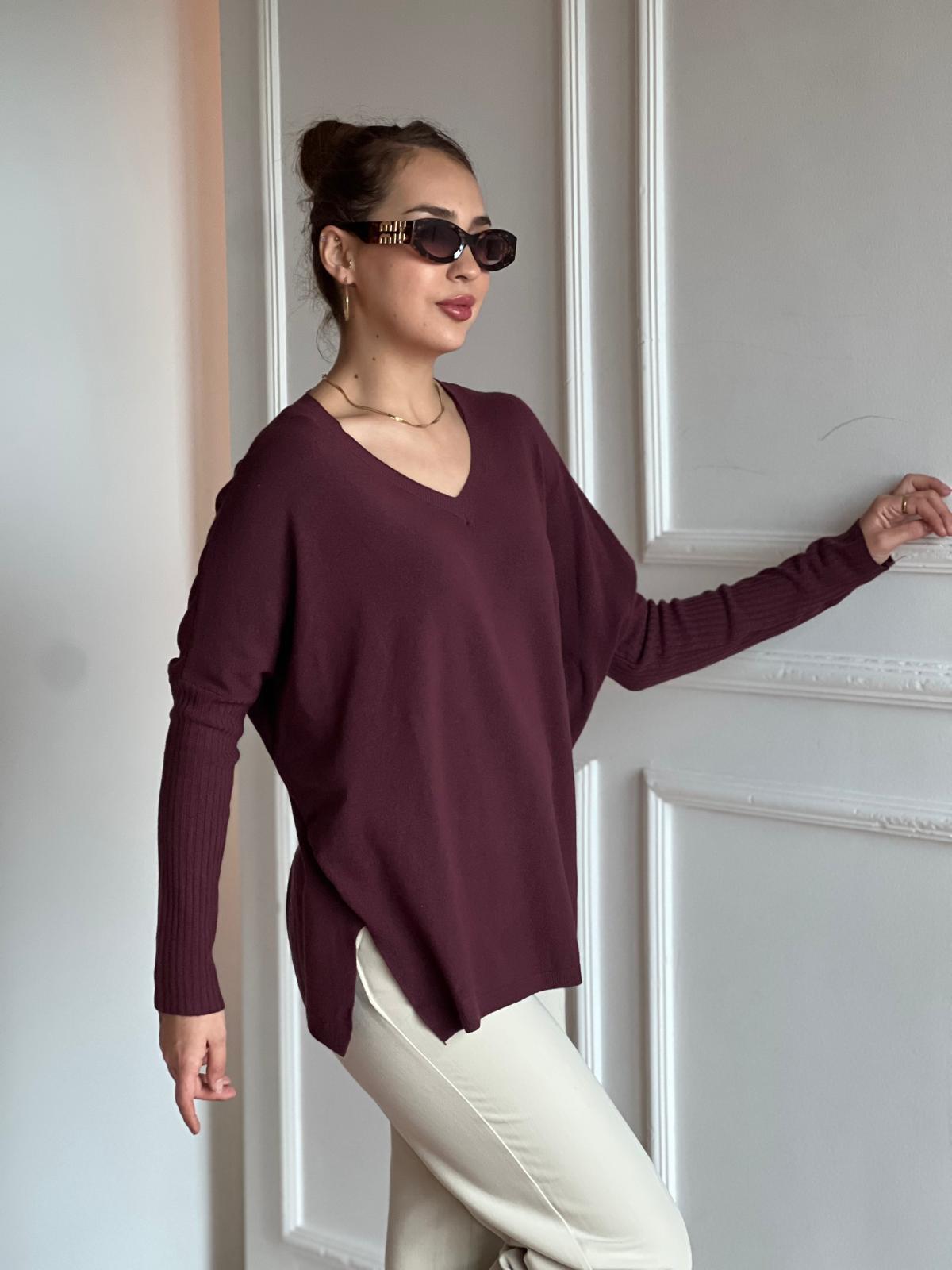 V Yaka Kaşmir Karışımlı Kazak 10844 Bordo