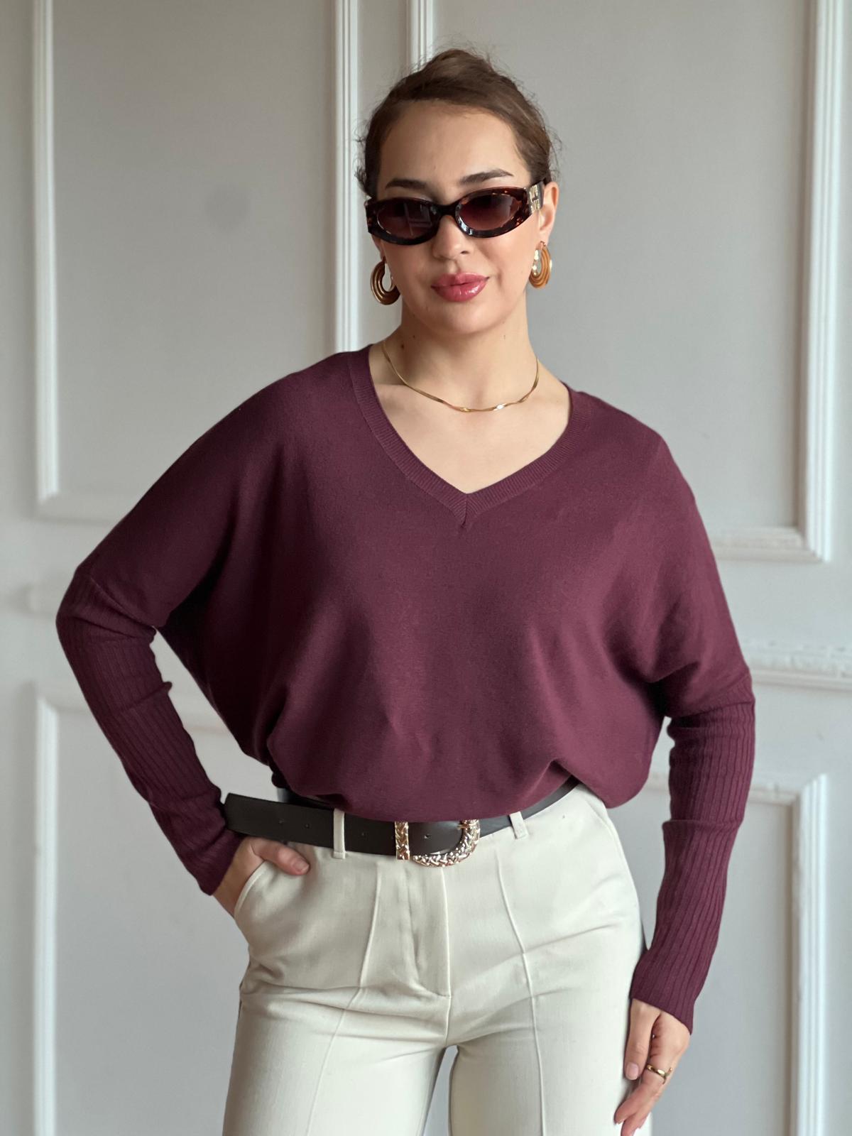 V Yaka Kaşmir Karışımlı Kazak 10844 Bordo