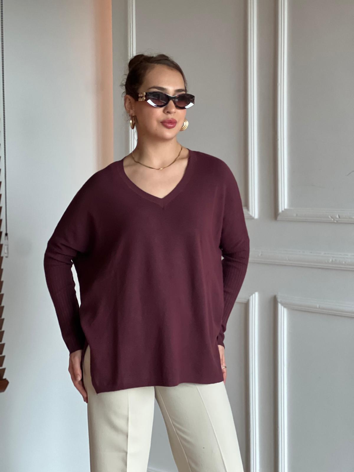 V Yaka Kaşmir Karışımlı Kazak 10844 Bordo