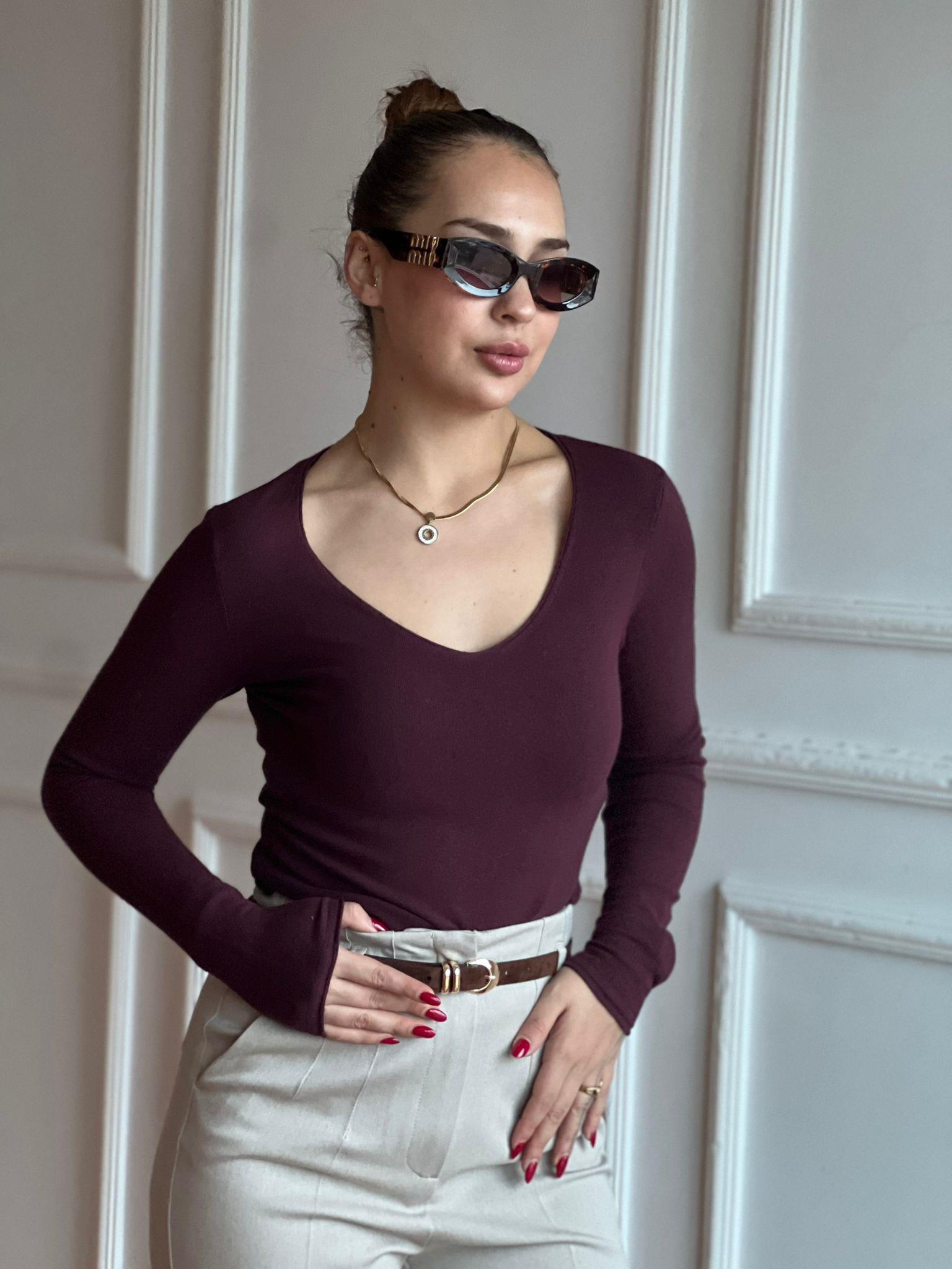 V Yaka Kaşmirli Ultra Hafif Triko Kazak 10842 Bordo