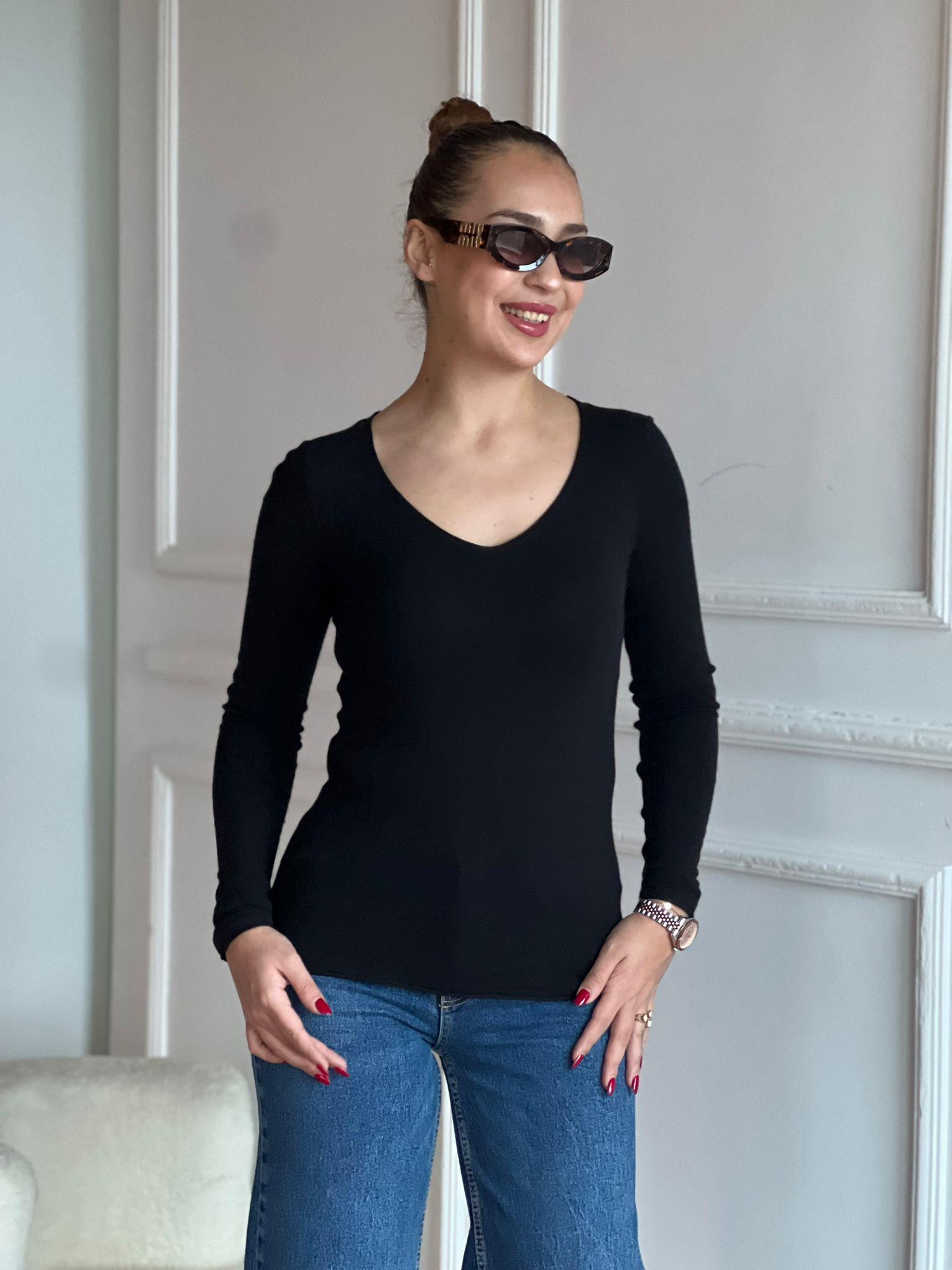 V Yaka Kaşmirli Ultra Hafif Triko Kazak 10842 Siyah