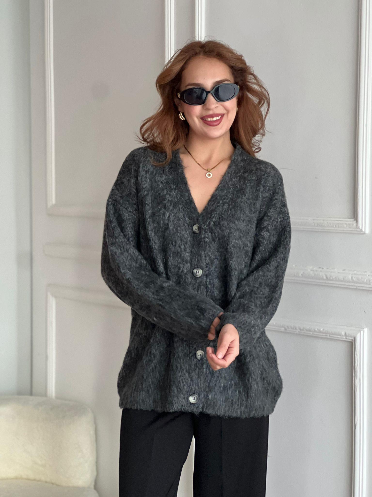 V Yaka Şardonlu Düğmeli Triko Hırka 60264 Antrasit