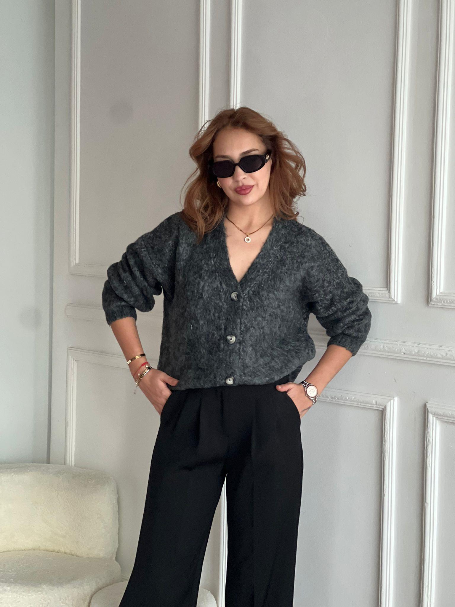 V Yaka Şardonlu Düğmeli Triko Hırka 60264 Antrasit