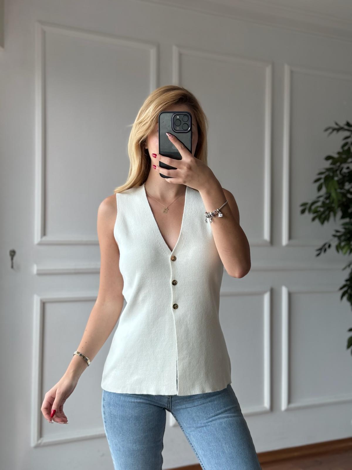 V Yaka Süveter 001 Ekru