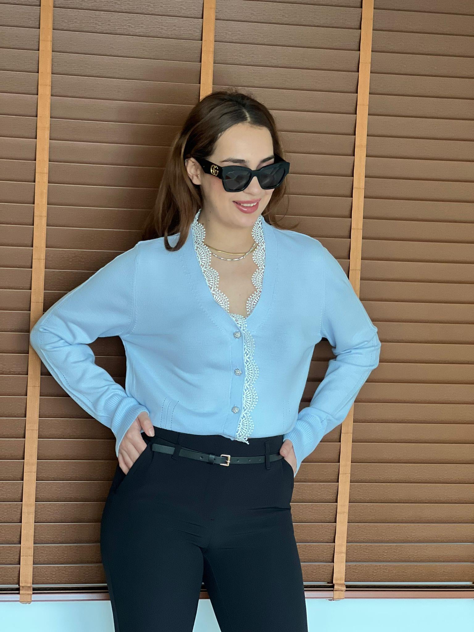 Yaka Dantel Detaylı Hırka 26406 Bebe Mavisi
