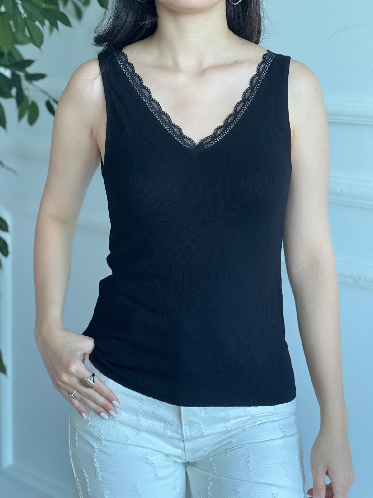 Yakası Dantelli Fitilli Atlet 1019 Siyah