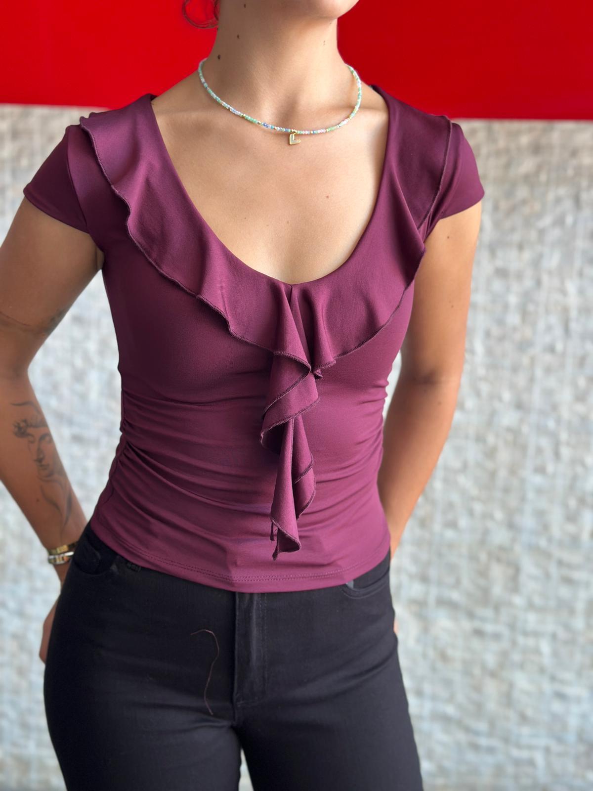 Yakası Fırfırlı Bluz 17043 Bordo