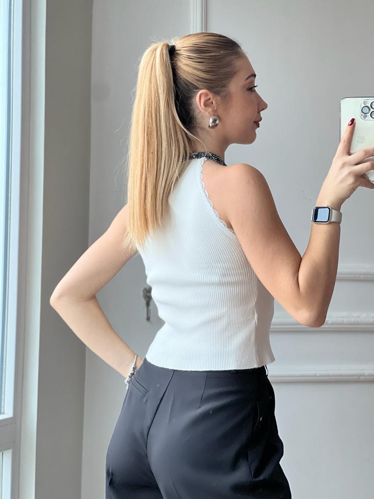 Yakası Taşlı Kolsuz Atlet 10252 Ekru