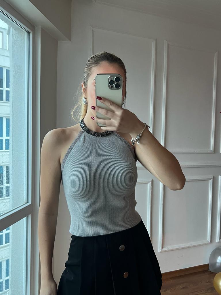 Yakası Taşlı Kolsuz Atlet 10252 Gri