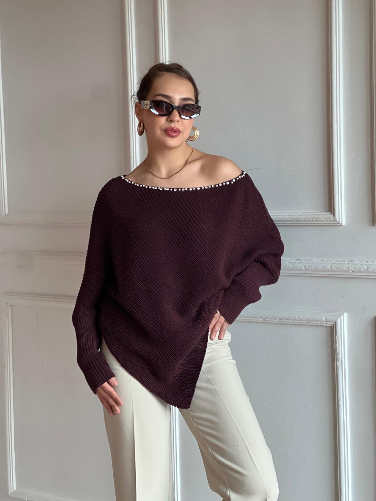 Yakası Taşlı Üçgen Triko 22848 Bordo