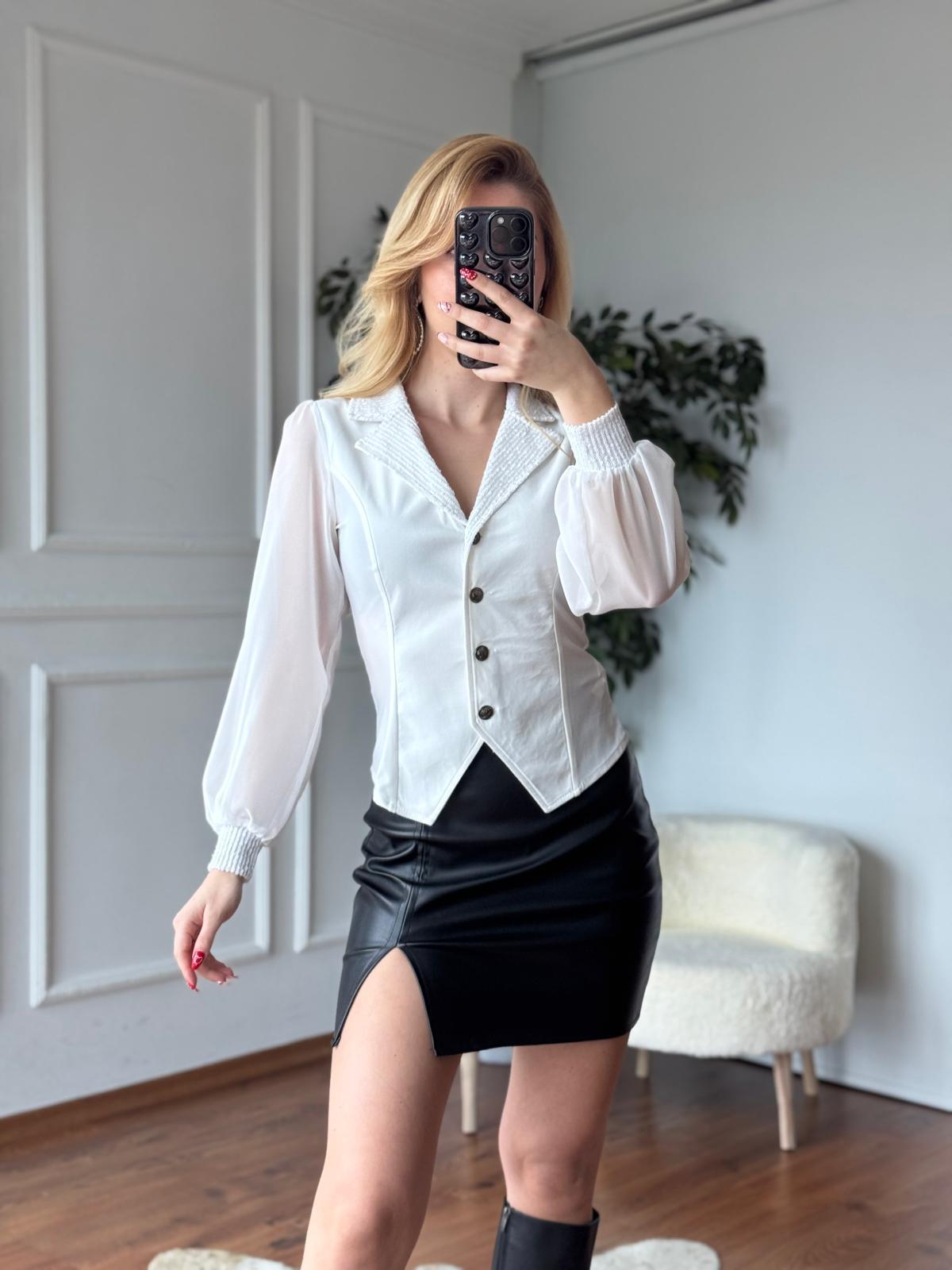 Yakası ve Kolu Payetli Gömlek 2784-101 Beyaz