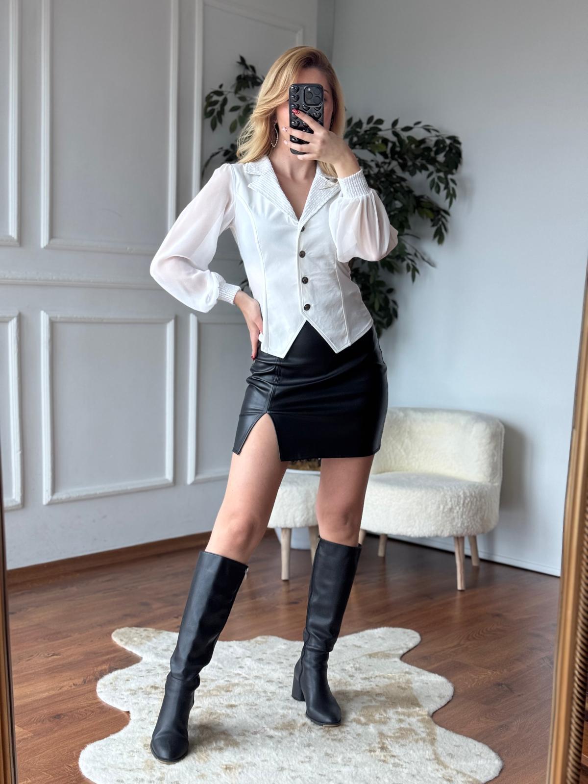 Yakası ve Kolu Payetli Gömlek 2784-101 Beyaz