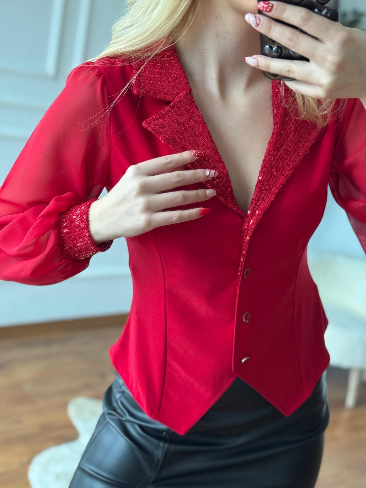 Yakası ve Kolu Payetli Gömlek 2784-101 Kırmızı