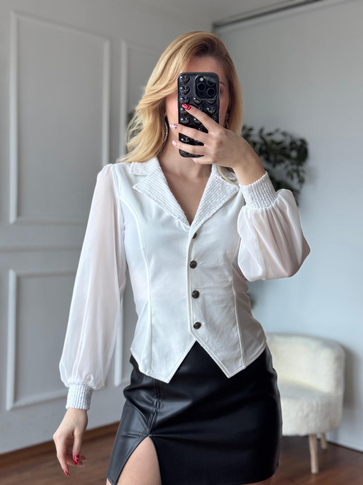 Yakası ve Kolu Payetli Gömlek 2784-101 Beyaz