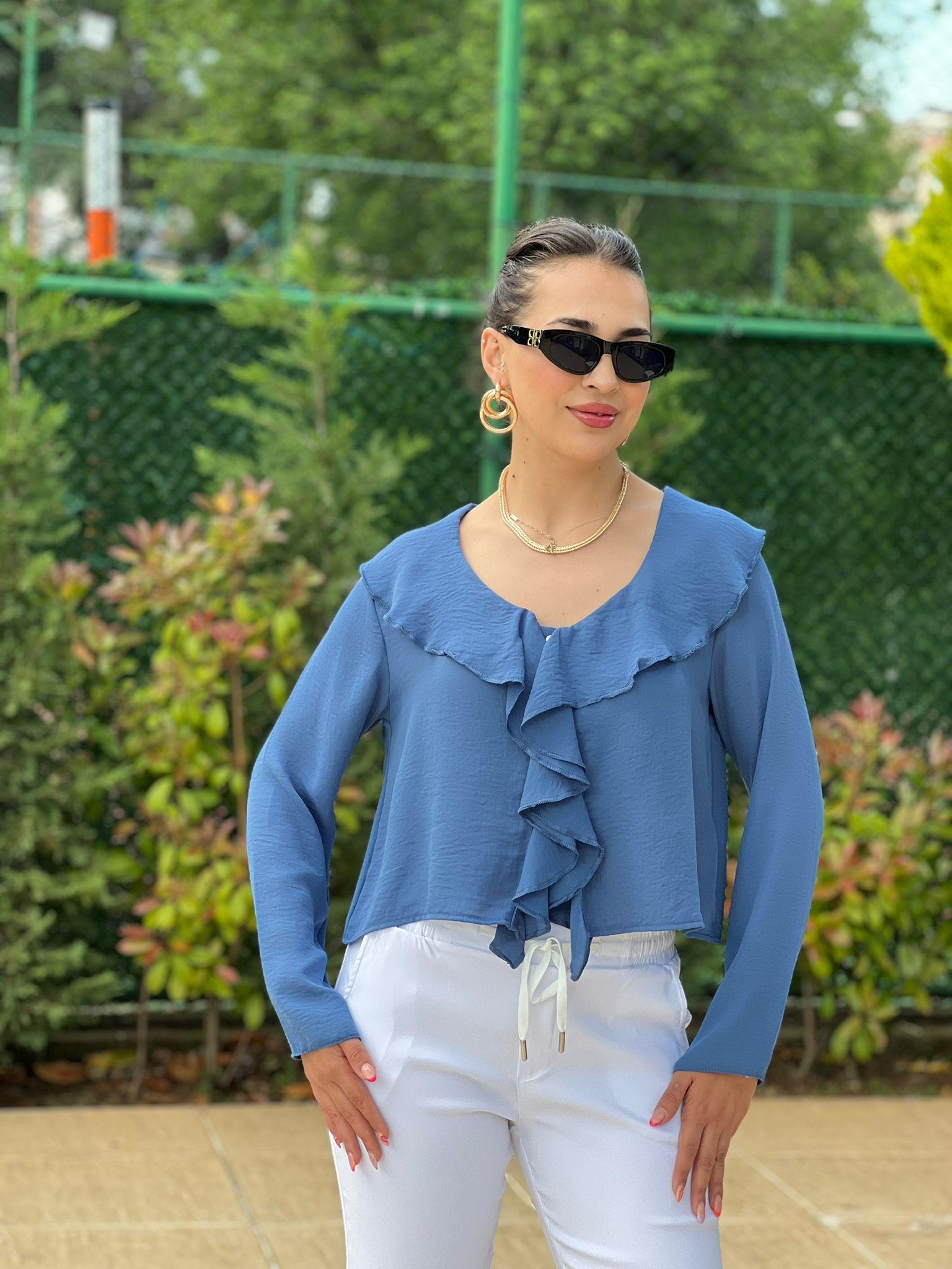 Yakası Volanlı Gömlek 252-2007 İndigo