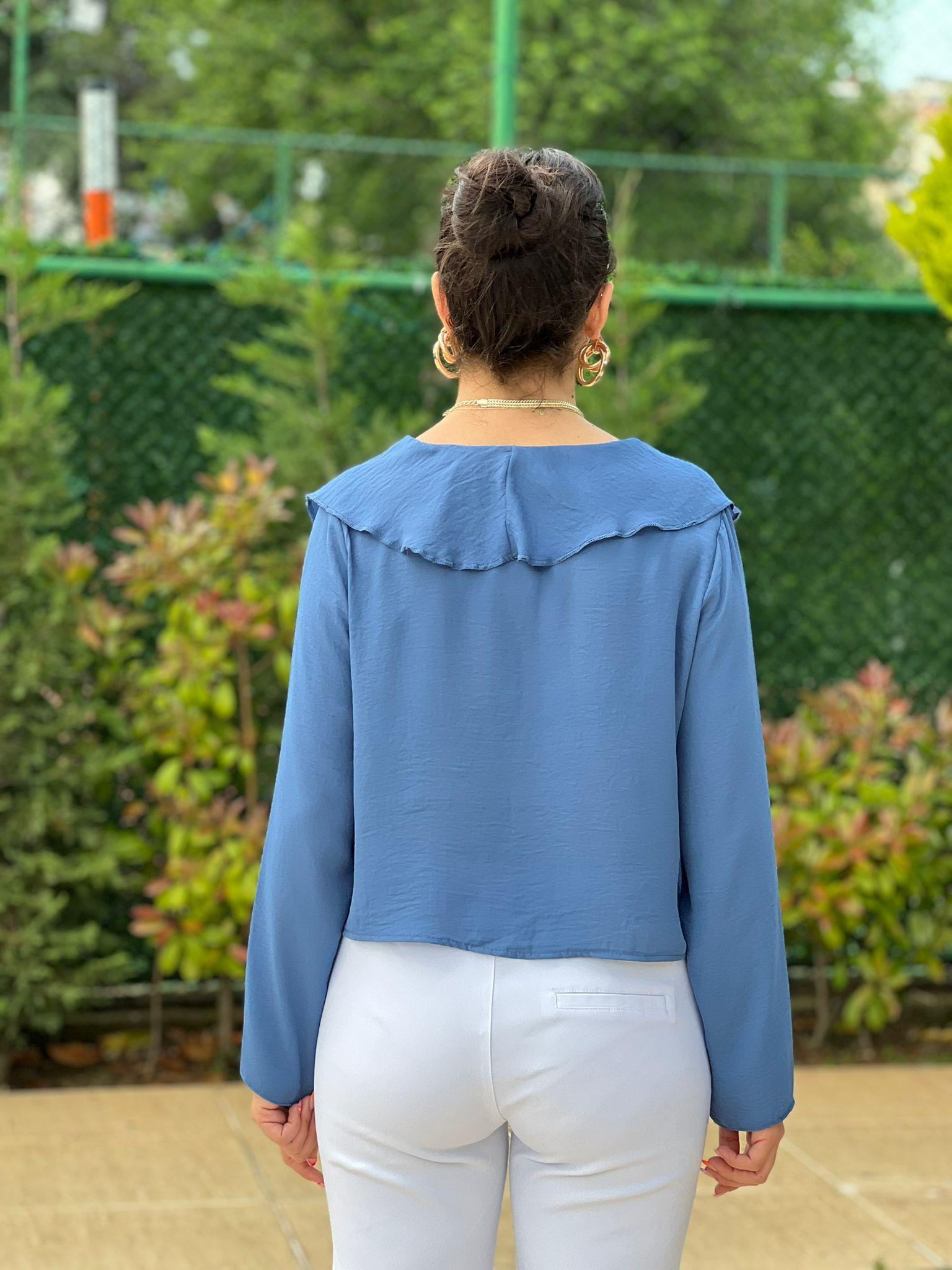 Yakası Volanlı Gömlek 252-2007 İndigo