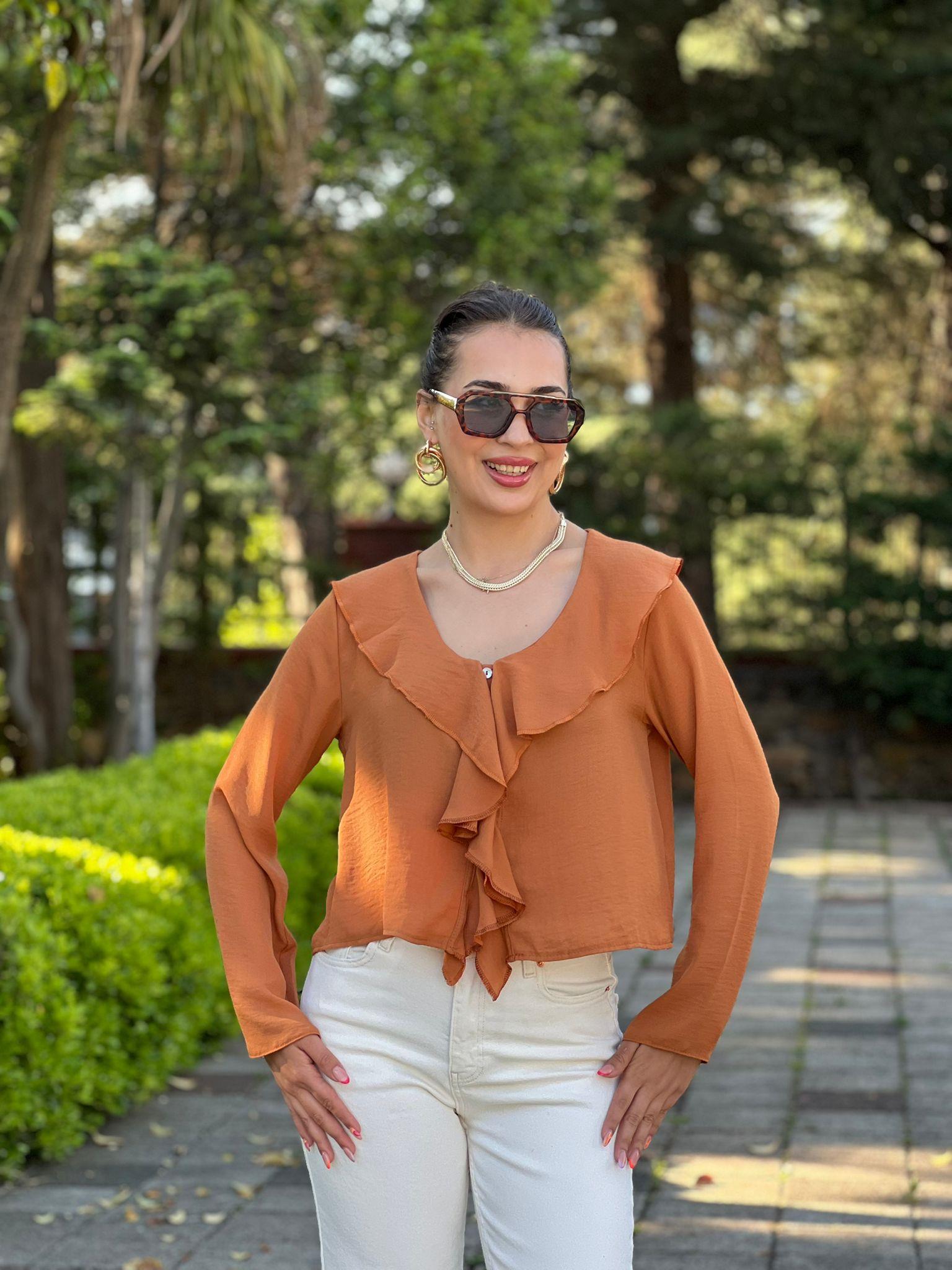 Yakası Volanlı Gömlek 252-2007 Taba