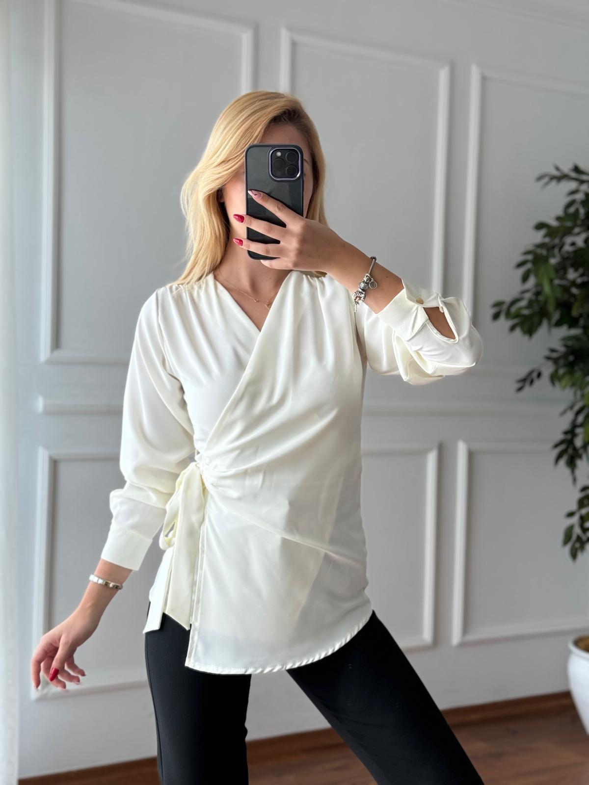 Yandan Bağcıklı Bluz 3052 Ekru