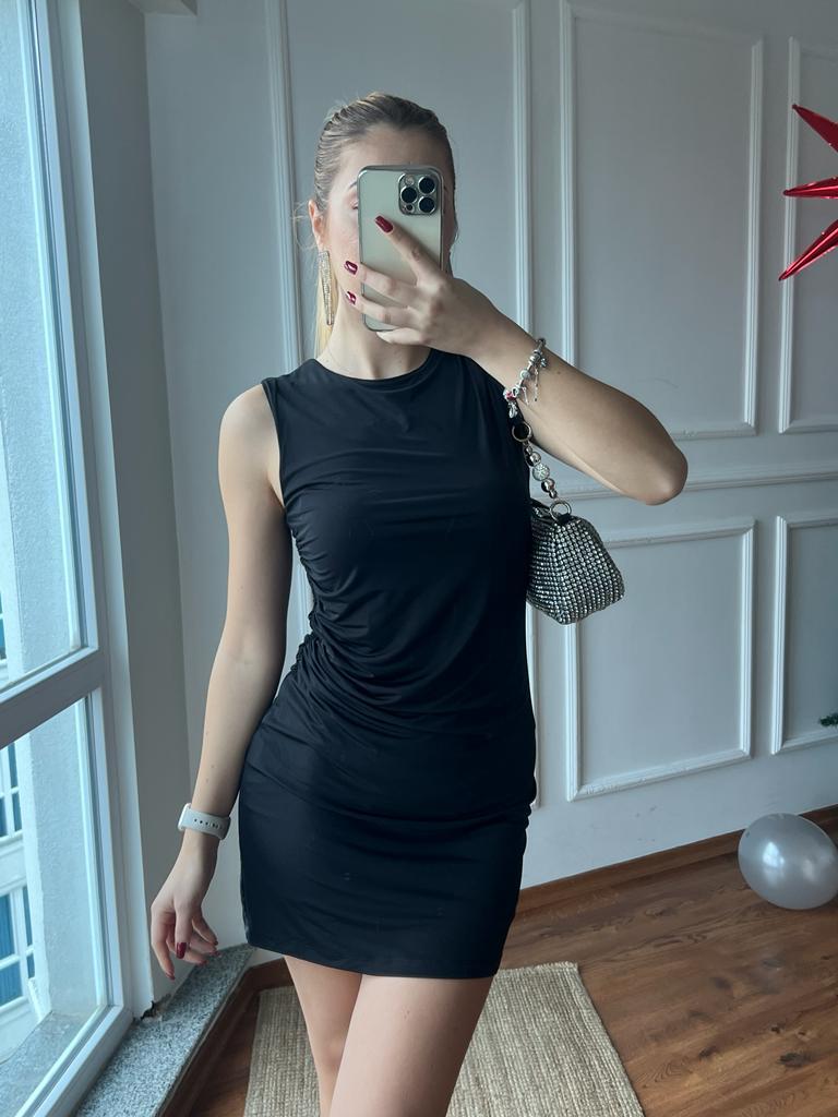 Yandan Büzgülü Sıfır Kol Elbise 28316 Siyah
