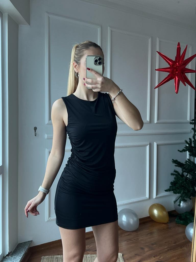 Yandan Büzgülü Sıfır Kol Elbise 28316 Siyah