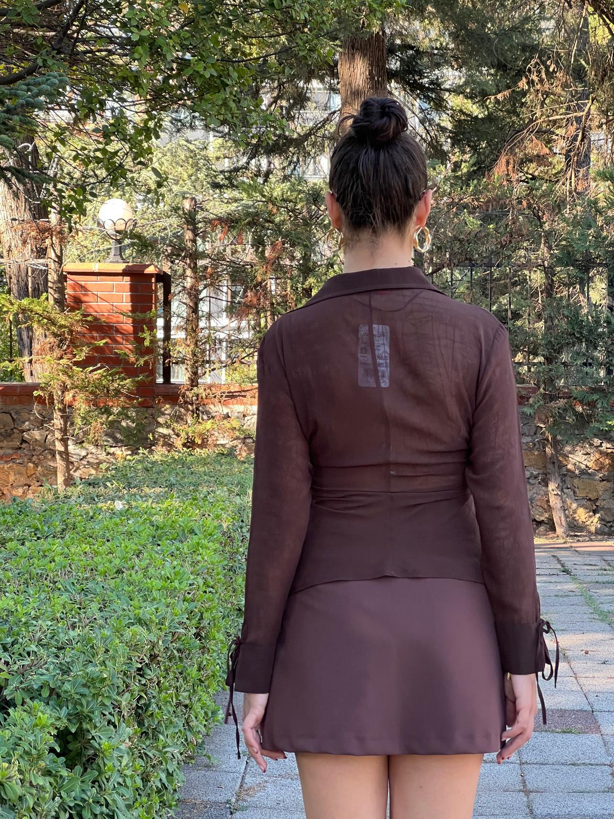 Yanları Büzgülü Transparan Gömlek 00865 Kahverengi