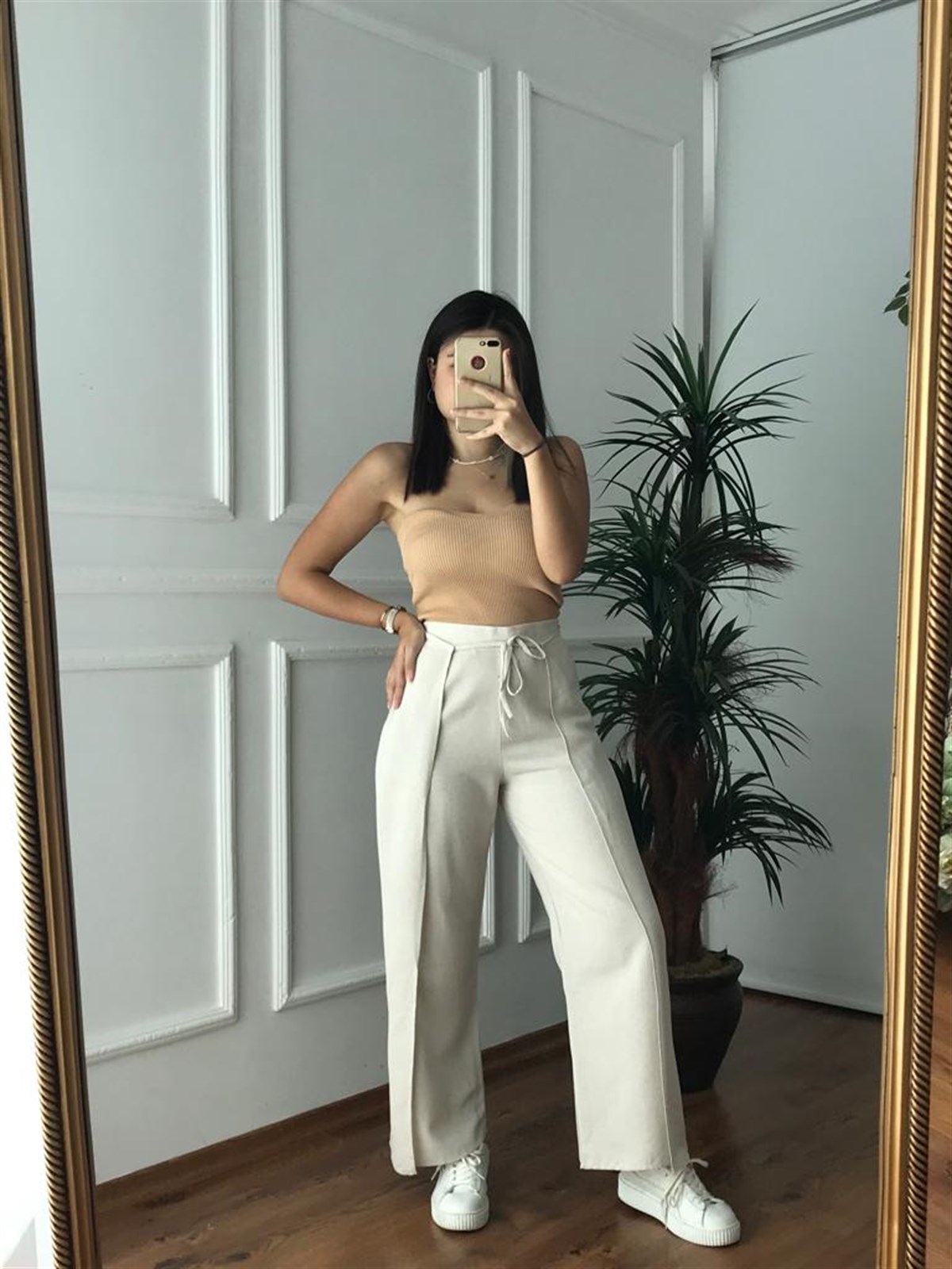 Yanları Yırtmaçlı Keten Pantolon 8062 Taş