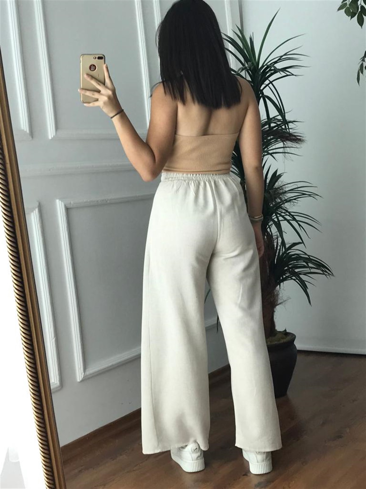 Yanları Yırtmaçlı Keten Pantolon 8062 Taş