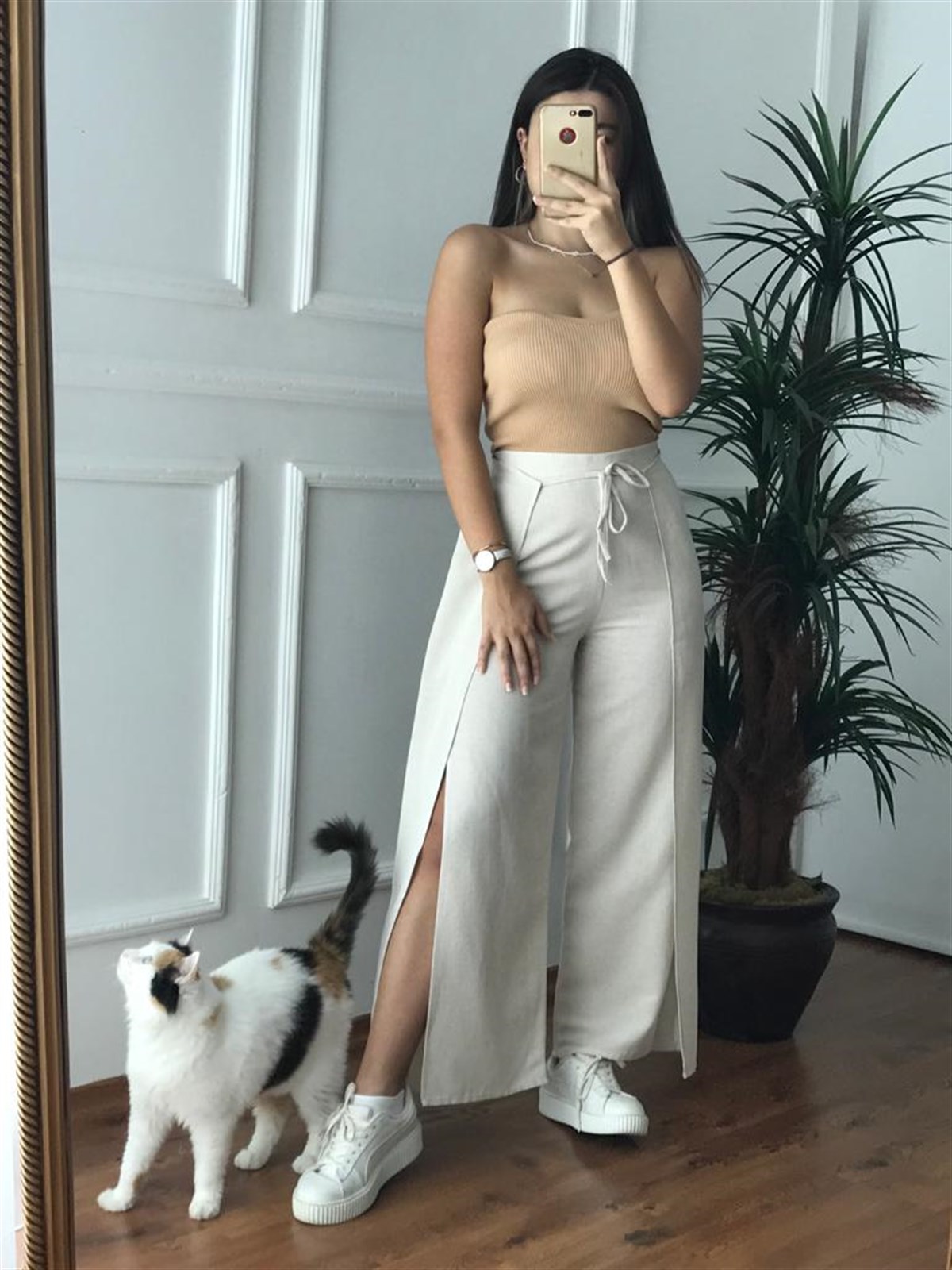 Yanları Yırtmaçlı Keten Pantolon 8062 Taş