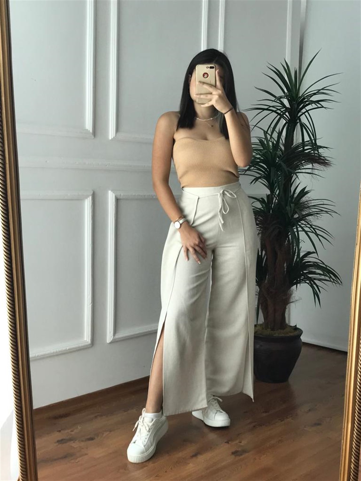 Yanları Yırtmaçlı Keten Pantolon 8062 Taş