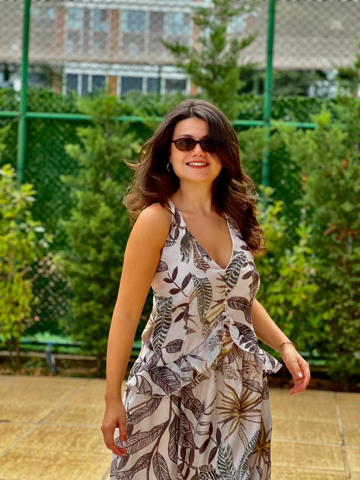 Yaprak Desenli Şifon Elbise 39776 Ekru