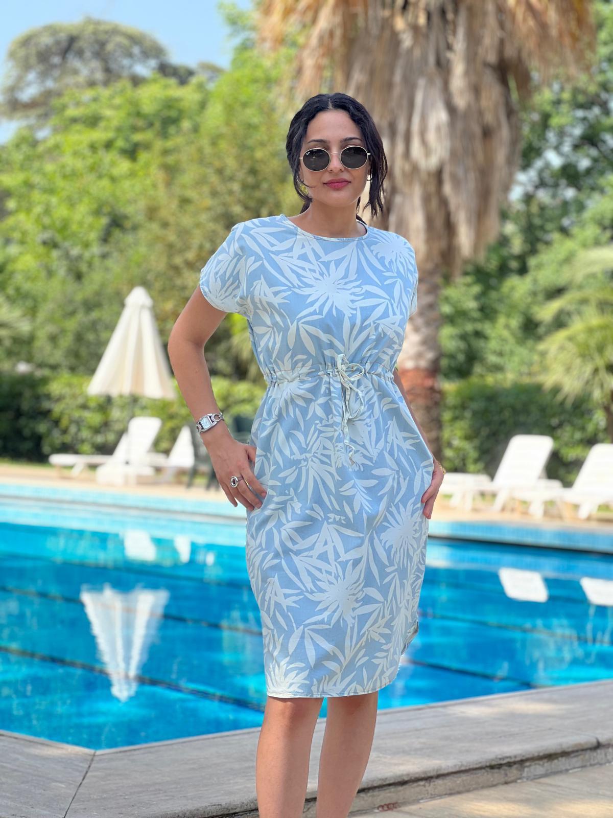 Yarım Kollu Çiçek Desen Elbise 25905 Bebe Mavisi