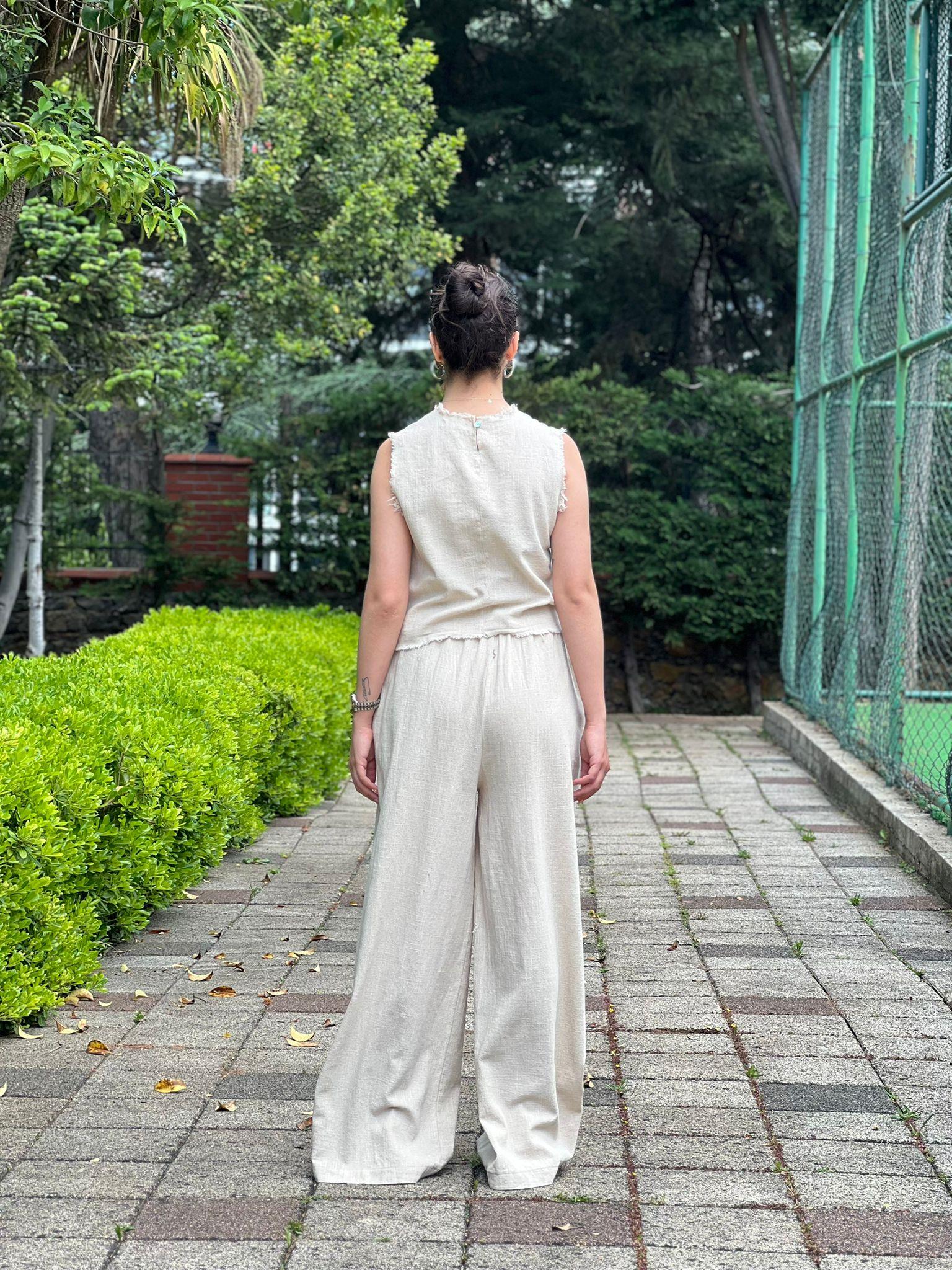 Yelek Pantolon Keten Takım 252-8011 Bej