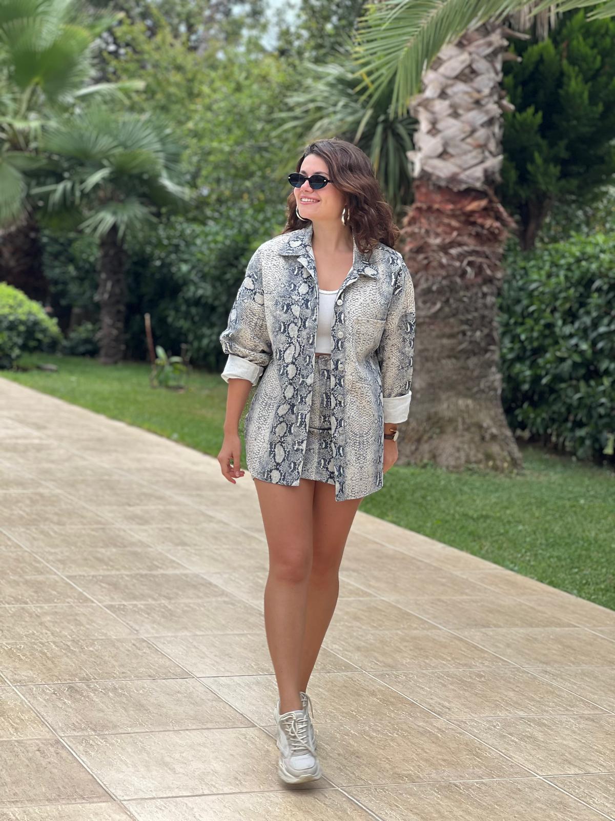 Yılan Desen Oversize Gömlek 50742 Ekru